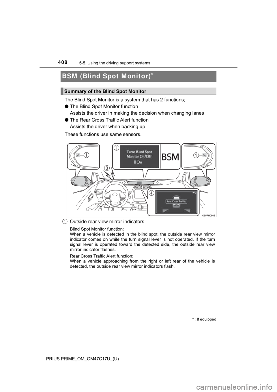 TOYOTA PRIUS PRIME 2018 Owners Manual (in English) 408
PRIUS PRIME_OM_OM47C17U_(U)
5-5. Using the driving support systems
BSM (Blind Spot Monitor)
The Blind Spot Monitor is a system that has 2 functions;
● The Blind Spot M onitor function
Assis TOYOTA PRIUS PRIME 2018 Owners Manual (in English) 408
PRIUS PRIME_OM_OM47C17U_(U)
5-5. Using the driving support systems
BSM (Blind Spot Monitor)
The Blind Spot Monitor is a system that has 2 functions;
● The Blind Spot M onitor function
Assis