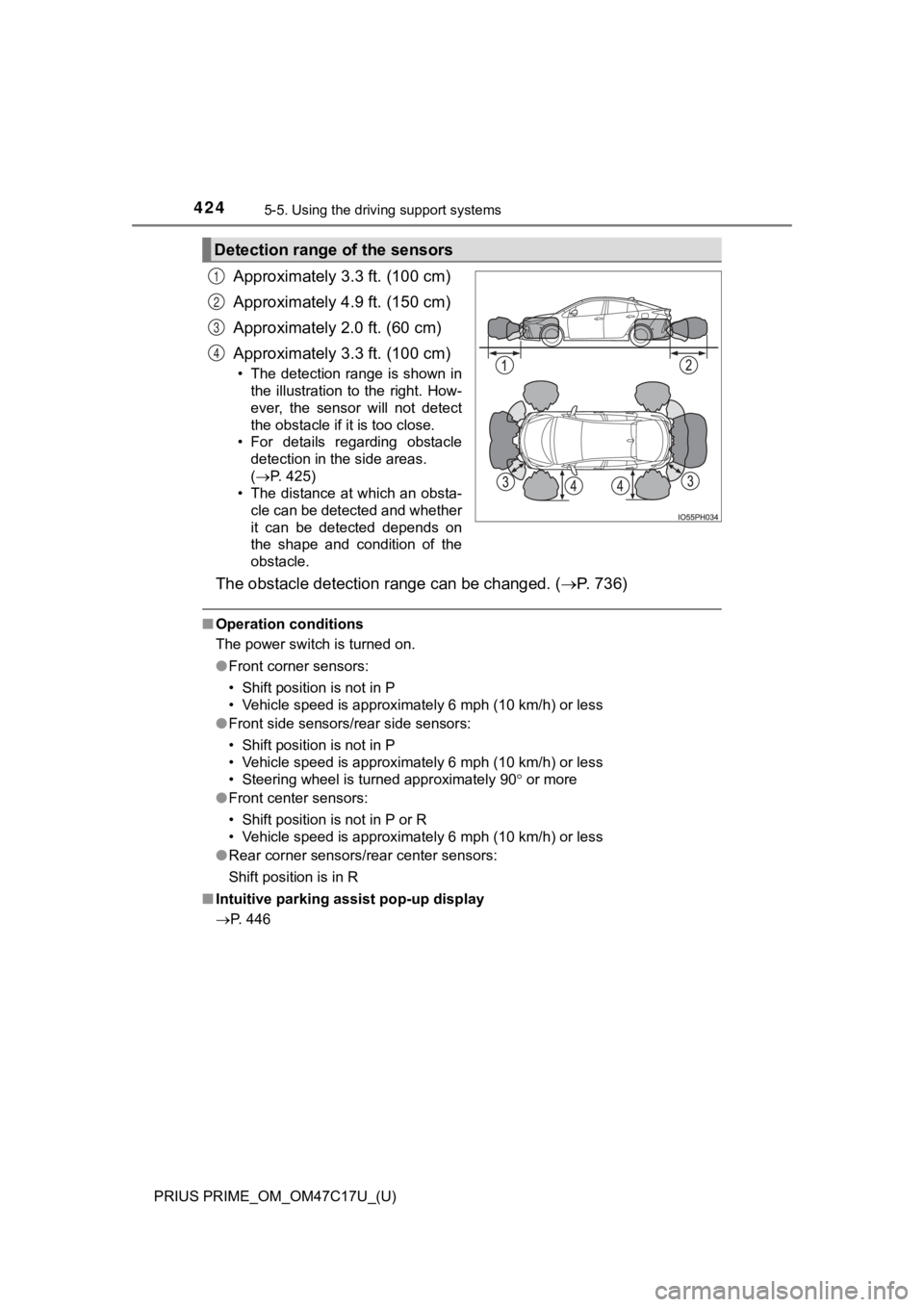 TOYOTA PRIUS PRIME 2018 Owners Manual (in English) 424
PRIUS PRIME_OM_OM47C17U_(U)
5-5. Using the driving support systems
Approximately 3.3 ft. (100 cm)
Approximately 4.9 ft. (150 cm)
Approximately 2.0 ft. (60 cm)
Approximately 3.3 ft. (100 cm)
• Th TOYOTA PRIUS PRIME 2018 Owners Manual (in English) 424
PRIUS PRIME_OM_OM47C17U_(U)
5-5. Using the driving support systems
Approximately 3.3 ft. (100 cm)
Approximately 4.9 ft. (150 cm)
Approximately 2.0 ft. (60 cm)
Approximately 3.3 ft. (100 cm)
• Th