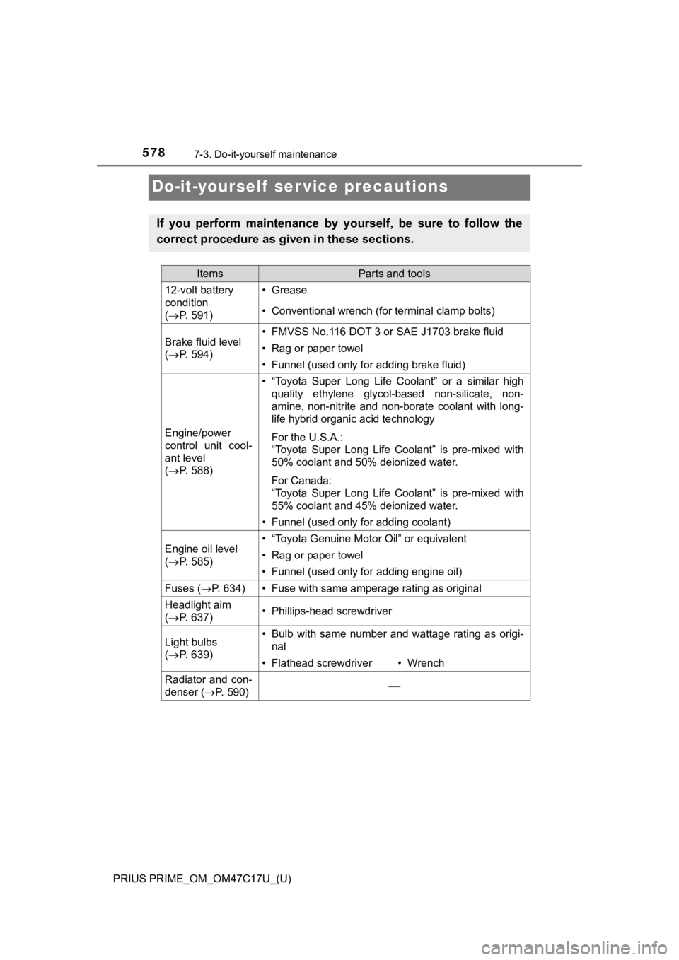 TOYOTA PRIUS PRIME 2018 Owners Manual (in English) 578
PRIUS PRIME_OM_OM47C17U_(U)
7-3. Do-it-yourself maintenance
Do-it-yourself ser vice precautions
If you perform maintenance by yourself, be sure to follow the
correct procedure as given TOYOTA PRIUS PRIME 2018 Owners Manual (in English) 578
PRIUS PRIME_OM_OM47C17U_(U)
7-3. Do-it-yourself maintenance
Do-it-yourself ser vice precautions
If you perform maintenance by yourself, be sure to follow the
correct procedure as given
