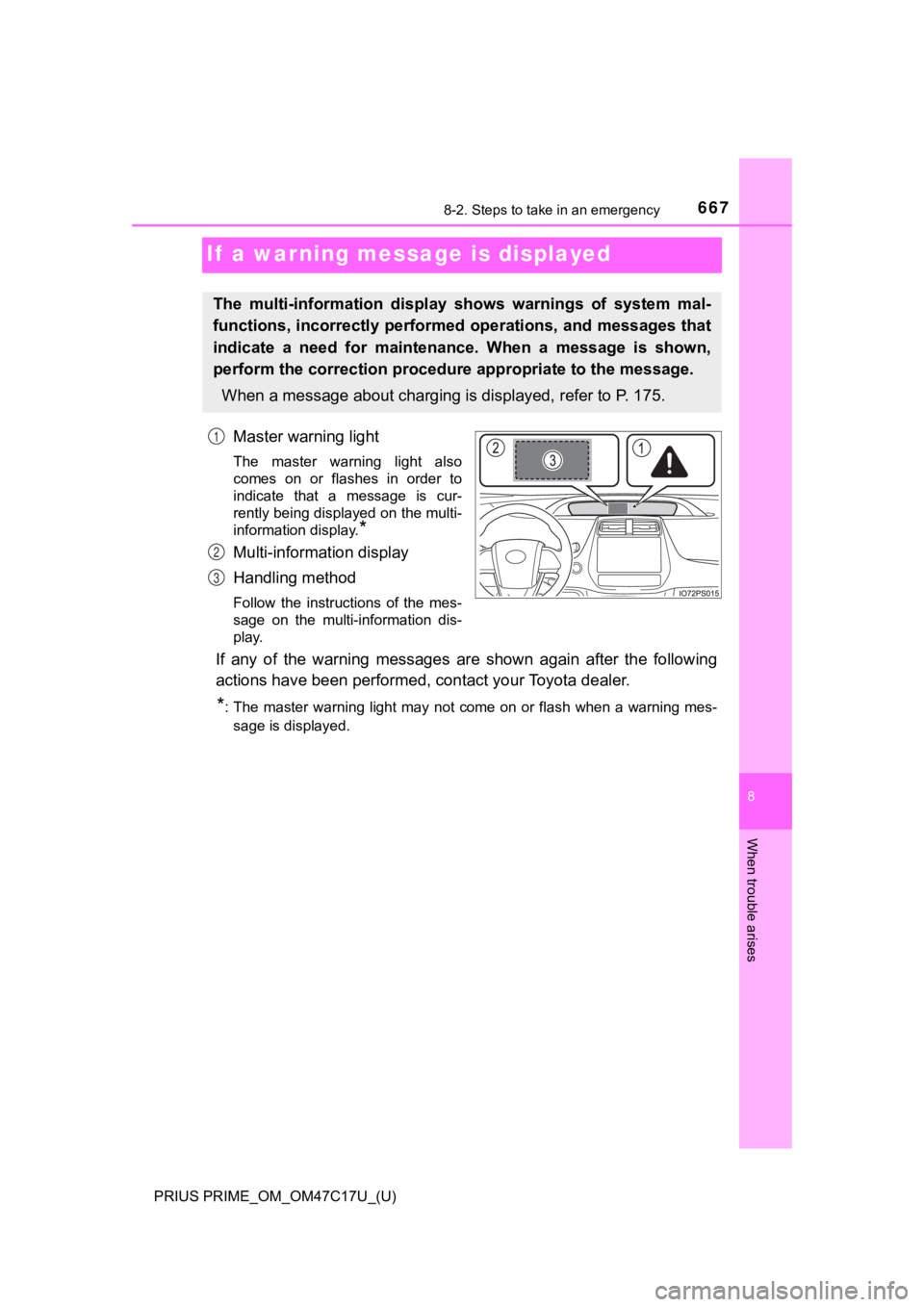 TOYOTA PRIUS PRIME 2018 Owners Manual (in English) 667
PRIUS PRIME_OM_OM47C17U_(U)
8
When trouble arises
8-2. Steps to take in an emergency
If a warning message is displayed
Master warning light
The master warning light also
comes on or flashe TOYOTA PRIUS PRIME 2018 Owners Manual (in English) 667
PRIUS PRIME_OM_OM47C17U_(U)
8
When trouble arises
8-2. Steps to take in an emergency
If a warning message is displayed
Master warning light
The master warning light also
comes on or flashe