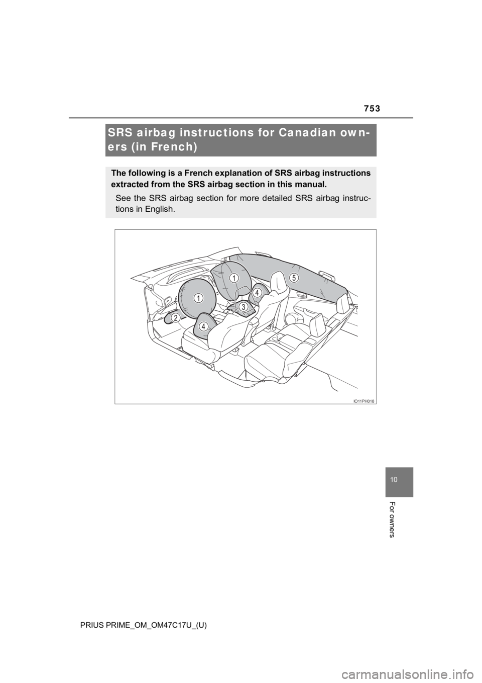 TOYOTA PRIUS PRIME 2018 Owners Manual (in English) 753
PRIUS PRIME_OM_OM47C17U_(U)
10
For owners
SRS airbag instructions for Canadian own-
ers (in French)
The following is a French explanation of SRS airbag instructions
extracted from the SRS air bag TOYOTA PRIUS PRIME 2018 Owners Manual (in English) 753
PRIUS PRIME_OM_OM47C17U_(U)
10
For owners
SRS airbag instructions for Canadian own-
ers (in French)
The following is a French explanation of SRS airbag instructions
extracted from the SRS air bag