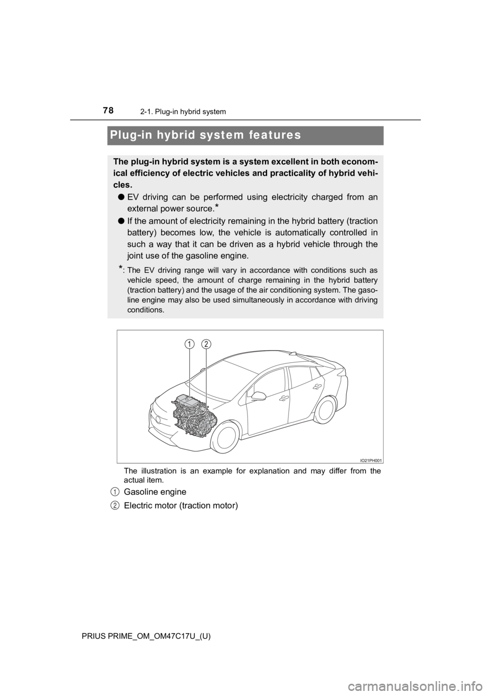 TOYOTA PRIUS PRIME 2018   (in English) Manual PDF 78
PRIUS PRIME_OM_OM47C17U_(U)
2-1. Plug-in hybrid system
Plug-in hybrid system features
The  illustration  is  an  example  for  explanation  and  may  differ  from  the
actual item.
Gasoline engine
