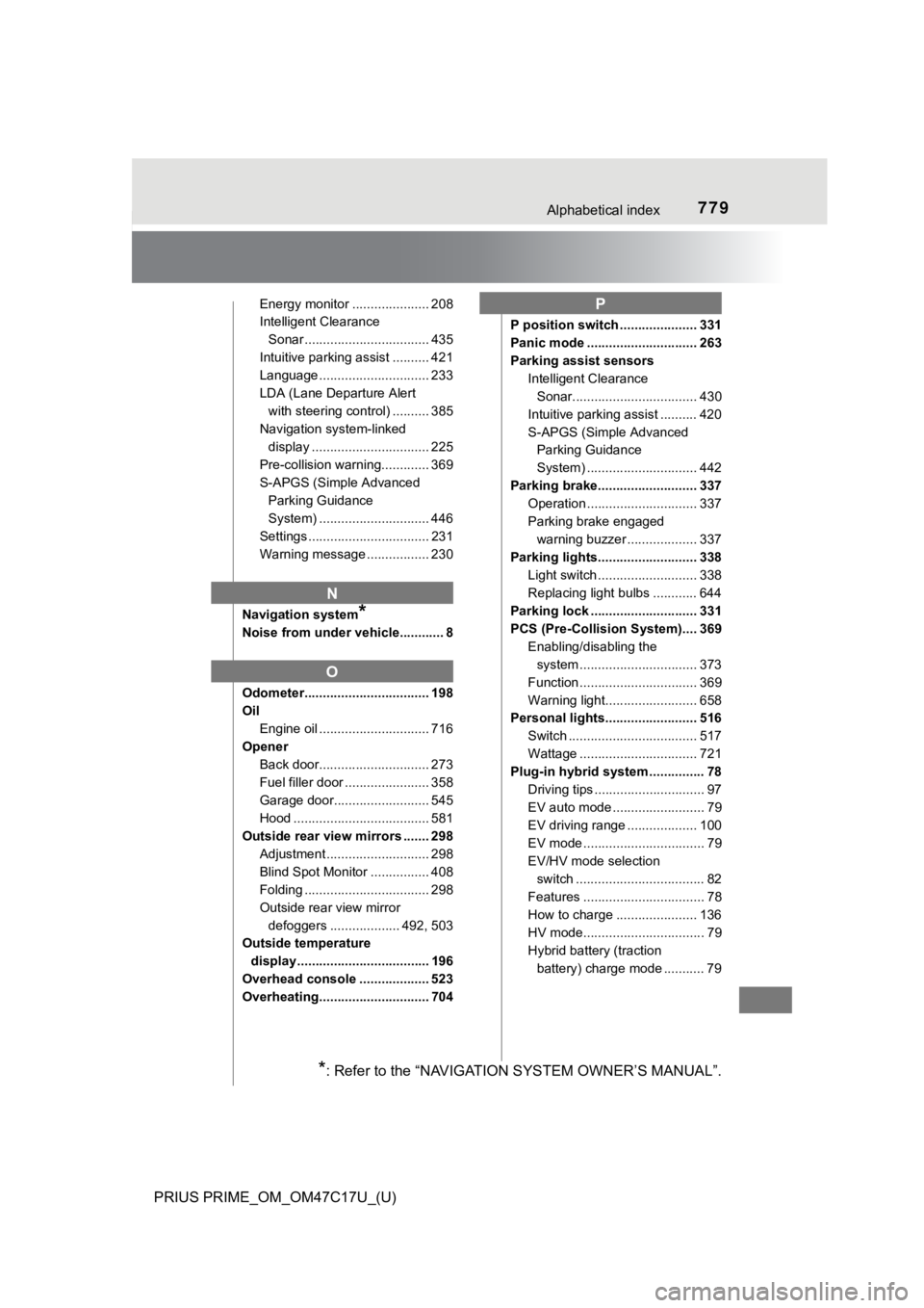 TOYOTA PRIUS PRIME 2018 Owners Manual (in English) 779Alphabetical index
PRIUS PRIME_OM_OM47C17U_(U)
Energy monitor ..................... 208
Intelligent Clearance Sonar .................................. 435
Intuitive parking assist .......... 421
La TOYOTA PRIUS PRIME 2018 Owners Manual (in English) 779Alphabetical index
PRIUS PRIME_OM_OM47C17U_(U)
Energy monitor ..................... 208
Intelligent Clearance Sonar .................................. 435
Intuitive parking assist .......... 421
La
