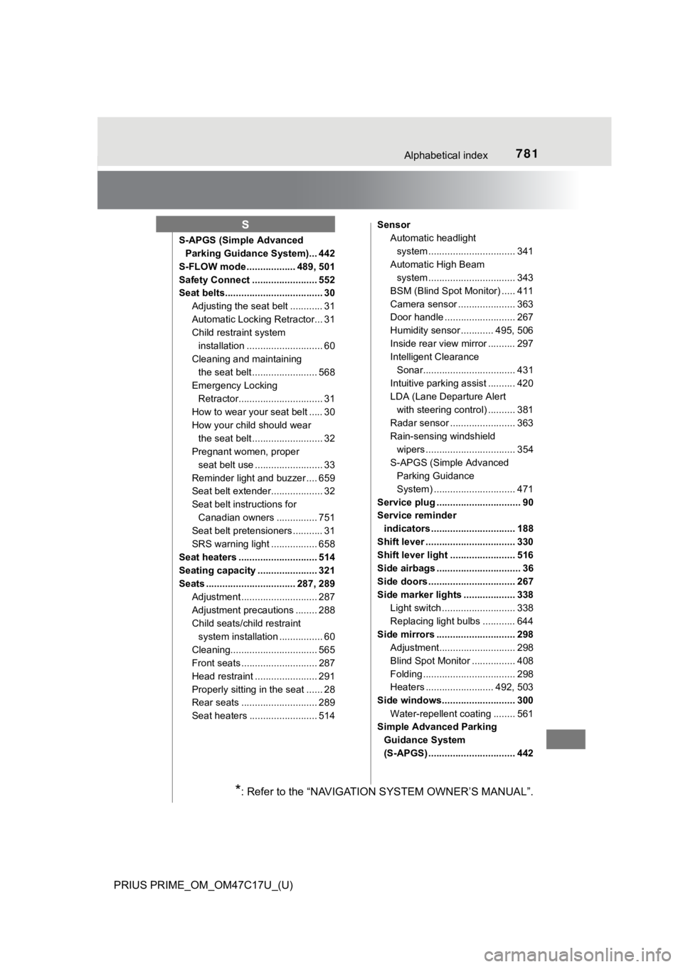 TOYOTA PRIUS PRIME 2018  Owners Manual (in English) 781Alphabetical index
PRIUS PRIME_OM_OM47C17U_(U)
S-APGS (Simple Advanced Parking Guidance System)... 442
S-FLOW mode .................. 489, 501
Safety Connect ........................ 552
Seat belts