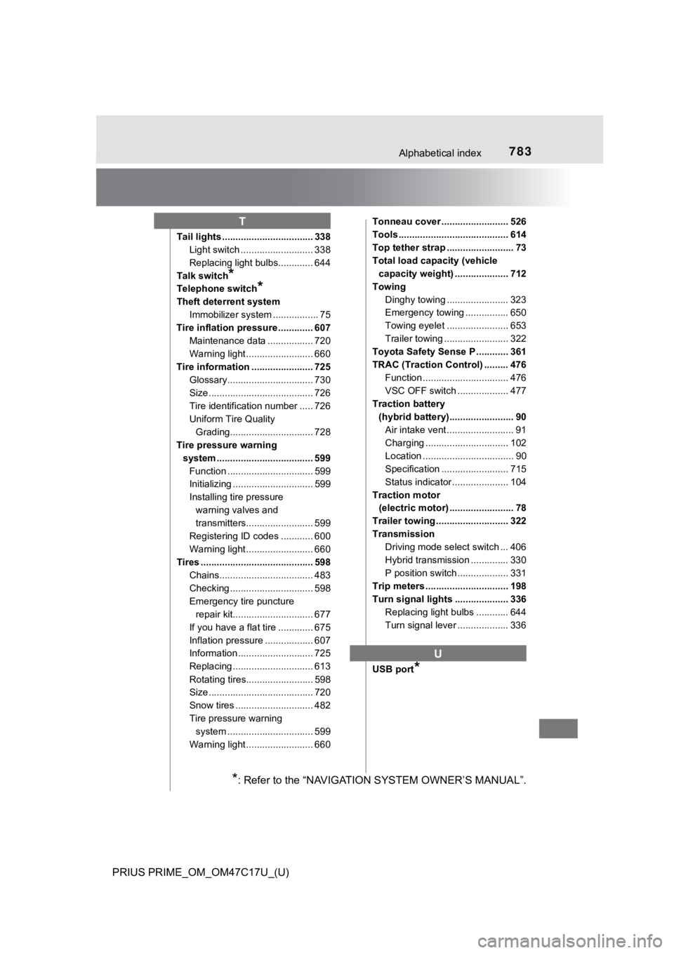 TOYOTA PRIUS PRIME 2018  Owners Manual (in English) 783Alphabetical index
PRIUS PRIME_OM_OM47C17U_(U)
Tail lights .................................. 338Light switch ........................... 338
Replacing light bulbs............. 644
Talk switch
*
Te