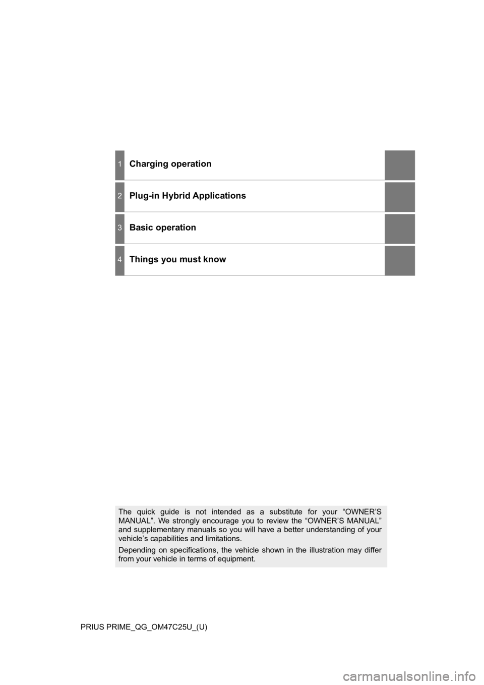 TOYOTA PRIUS PRIME 2018  Owners Manual (in English) PRIUS PRIME_QG_OM47C25U_(U)
1Charging operation
2Plug-in Hybrid Applications
3Basic operation
4Things you must know
The  quick  guide  is  not  intended  as  a  substitute  for  your  “OWNER’S
MAN