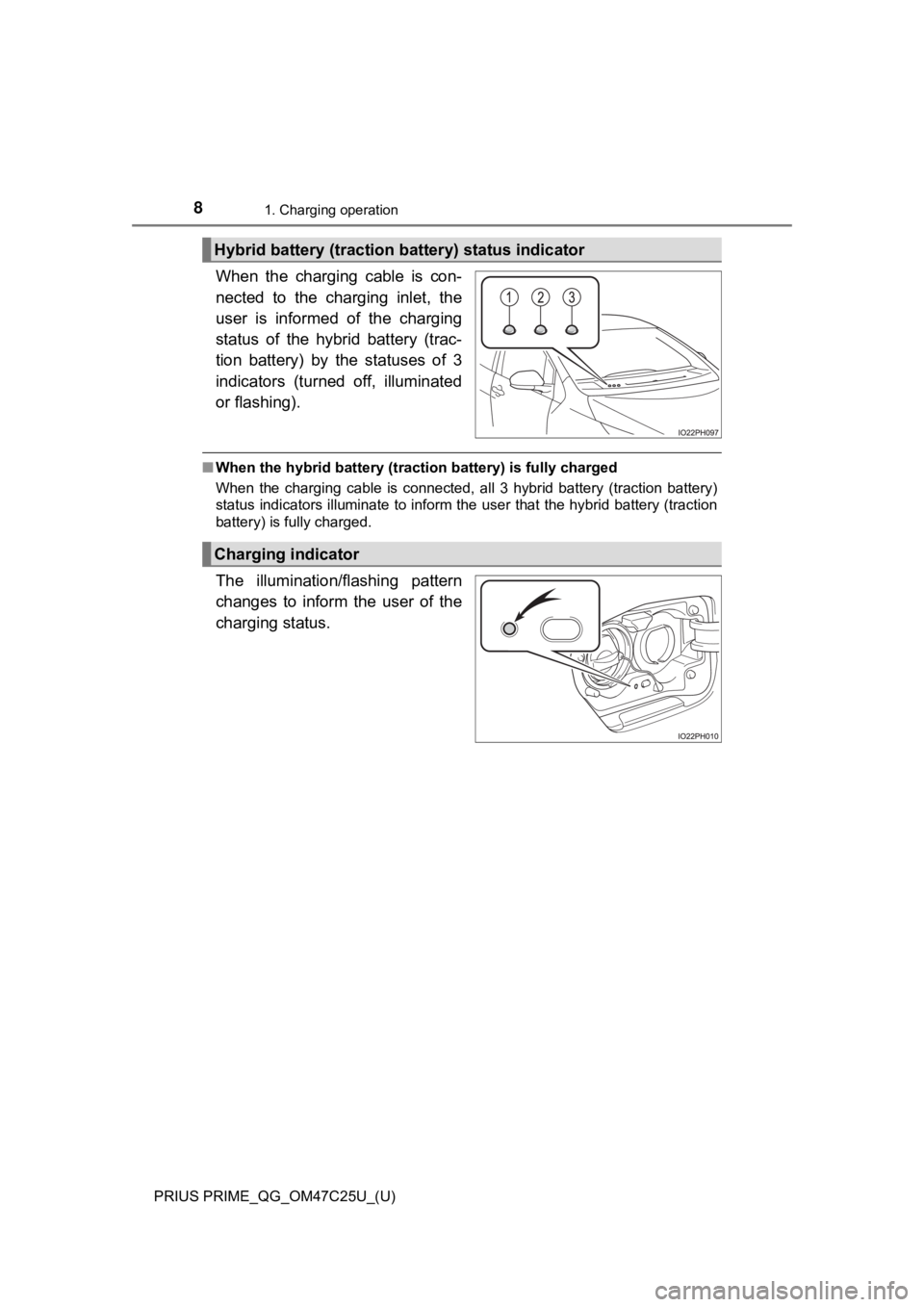 TOYOTA PRIUS PRIME 2018  Owners Manual (in English) 8
PRIUS PRIME_QG_OM47C25U_(U)
1. Charging operation
When  the  charging  cable  is  con-
nected  to  the  charging  inlet,  the
user  is  informed  of  the  charging
status  of  the  hybrid  battery  