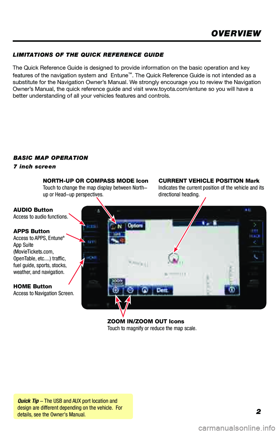 TOYOTA PRIUS PRIME 2018  Accessories, Audio & Navigation (in English) 2
The Quick Reference Guide is designed to provide information on the basic operation and key 
features of the navigation system and  Entune™. The Quick Reference Guide is not intended as a 
substit
