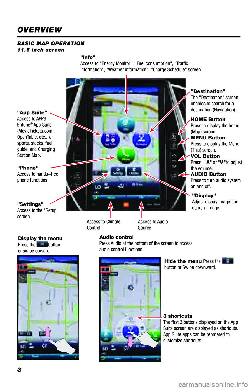 TOYOTA PRIUS PRIME 2018 Accessories, Audio & Navigation (in English) 3
BASIC MAP OPERATION
11.6 inch screen
"Info"
Access to "Energy Monitor", "Fuel consumption", "Traffic
information", "Weather information", "Charge Schedul TOYOTA PRIUS PRIME 2018 Accessories, Audio & Navigation (in English) 3
BASIC MAP OPERATION
11.6 inch screen
"Info"
Access to "Energy Monitor", "Fuel consumption", "Traffic
information", "Weather information", "Charge Schedul