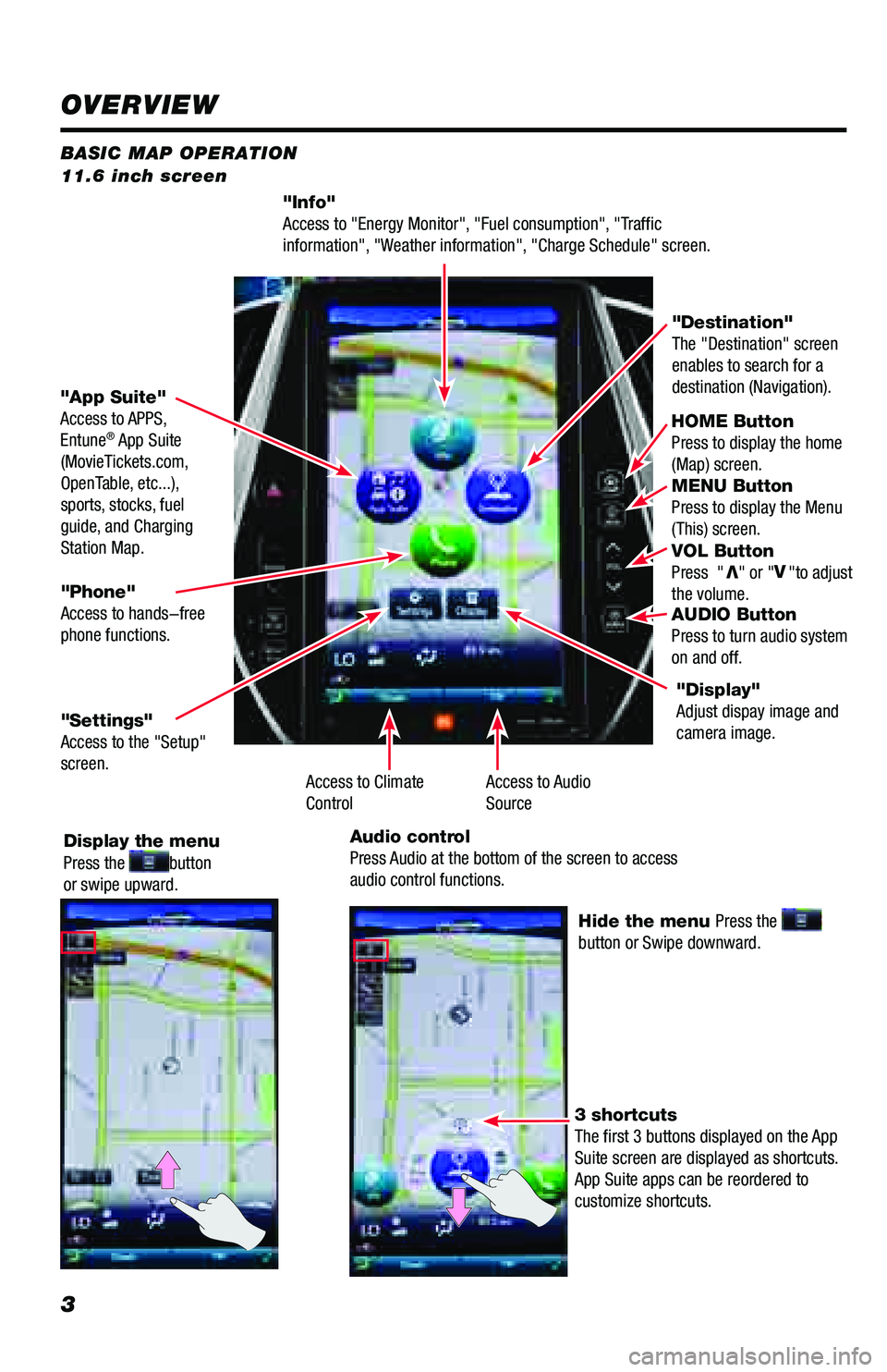 TOYOTA PRIUS PRIME 2018  Accessories, Audio & Navigation (in English) 3
BASIC MAP OPERATION
11.6 inch screen
"Info"
Access to "Energy Monitor", "Fuel consumption", "Traffic 
information", "Weather information", "Charge Schedul