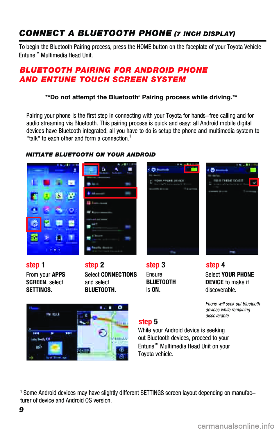 TOYOTA PRIUS PRIME 2018 Accessories, Audio & Navigation (in English) 9
Pairing your phone is the first step in connecting with your Toyota for \
hands-free calling and for
audio streaming via Bluetooth. This pairing process is quick and easy: a\
ll Android mobile digi TOYOTA PRIUS PRIME 2018 Accessories, Audio & Navigation (in English) 9
Pairing your phone is the first step in connecting with your Toyota for \
hands-free calling and for
audio streaming via Bluetooth. This pairing process is quick and easy: a\
ll Android mobile digi