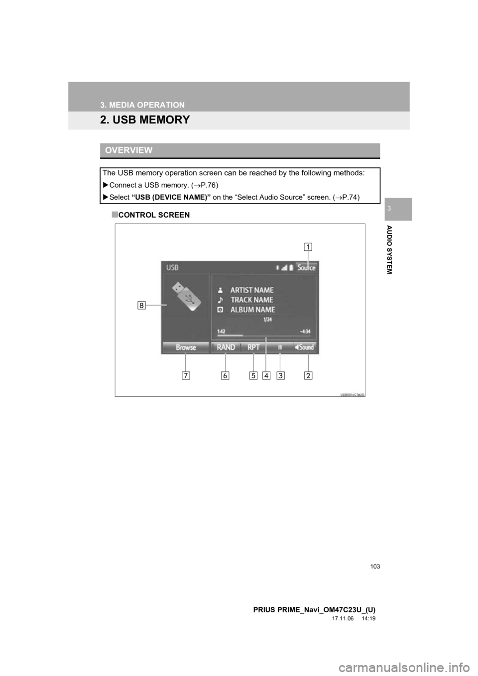 TOYOTA PRIUS PRIME 2018  Accessories, Audio & Navigation (in English) 103
3. MEDIA OPERATION
PRIUS PRIME_Navi_OM47C23U_(U)
17.11.06     14:19
AUDIO SYSTEM
3
2. USB MEMORY
■CONTROL SCREEN
OVERVIEW
The USB memory operation screen can be reached by the following methods: