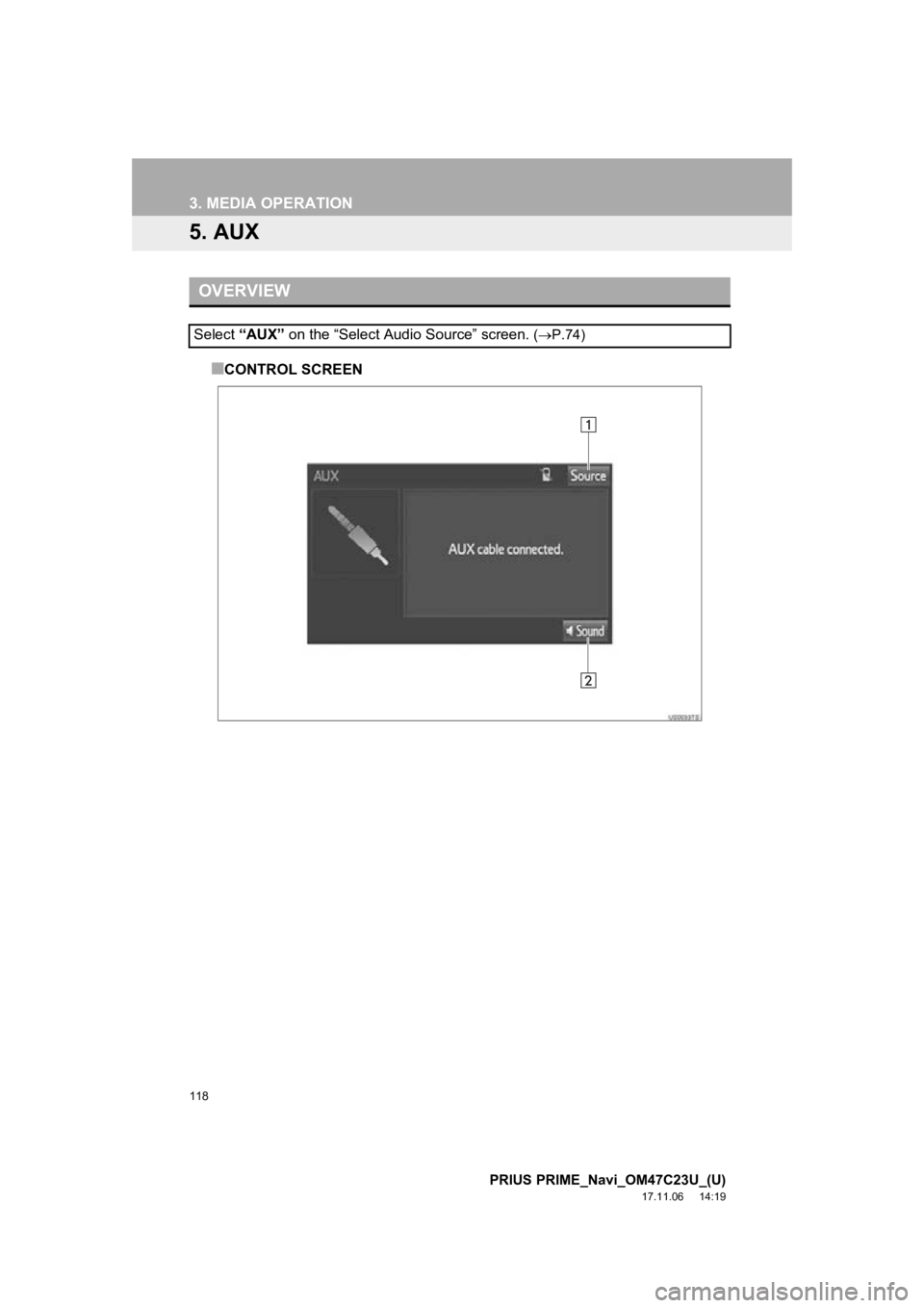 TOYOTA PRIUS PRIME 2018  Accessories, Audio & Navigation (in English) 118
3. MEDIA OPERATION
PRIUS PRIME_Navi_OM47C23U_(U)
17.11.06     14:19
5. AUX
■CONTROL SCREEN
OVERVIEW
Select “AUX” on the “Select Audio Source” screen. (P.74) 