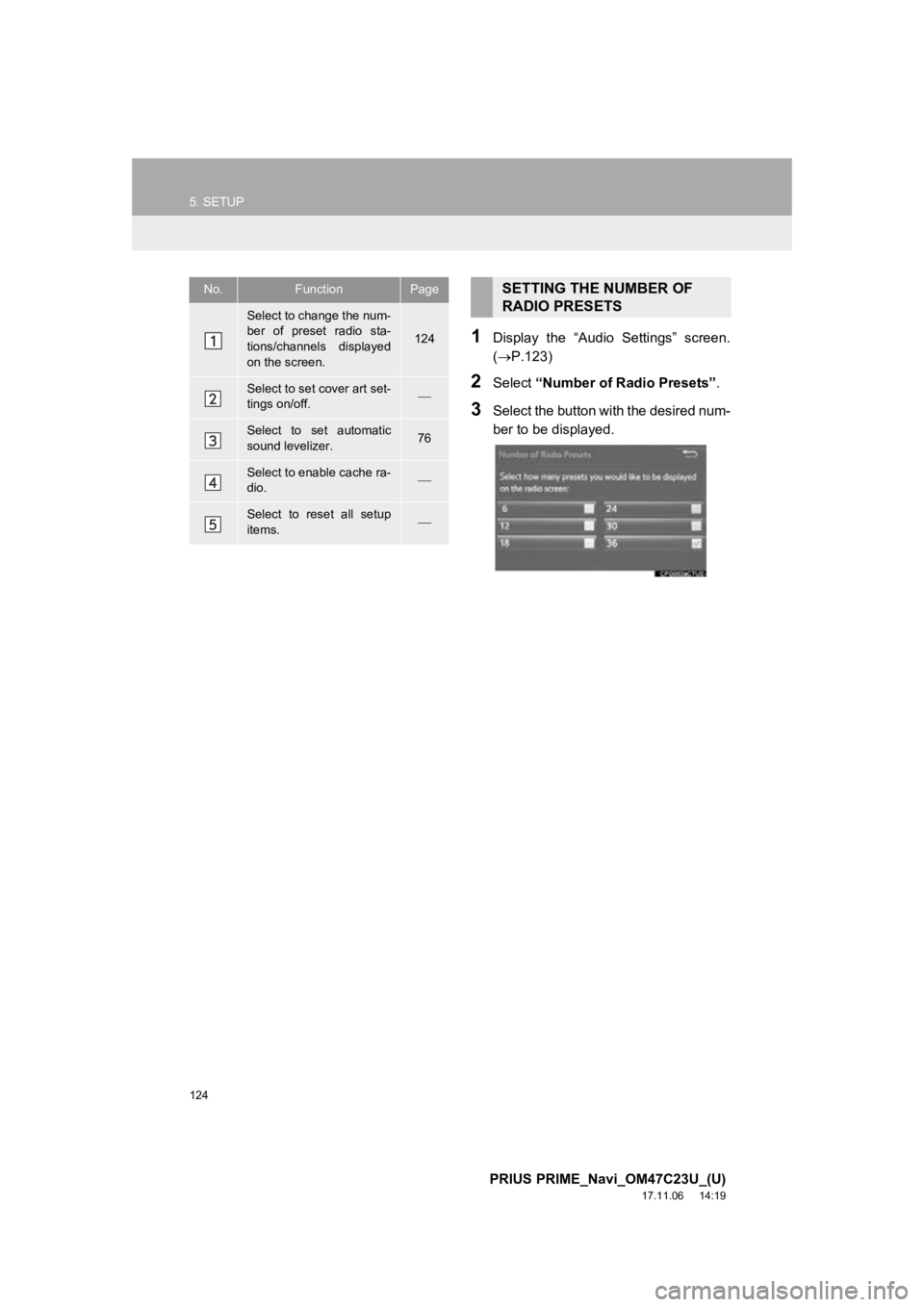 TOYOTA PRIUS PRIME 2018 Accessories, Audio & Navigation (in English) 124
5. SETUP
PRIUS PRIME_Navi_OM47C23U_(U)
17.11.06 14:19
1Display the “Audio Settings” screen.
(P.123)
2Select “Number of Radio Presets” .
3Select the button with the desired num- TOYOTA PRIUS PRIME 2018 Accessories, Audio & Navigation (in English) 124
5. SETUP
PRIUS PRIME_Navi_OM47C23U_(U)
17.11.06 14:19
1Display the “Audio Settings” screen.
(P.123)
2Select “Number of Radio Presets” .
3Select the button with the desired num-