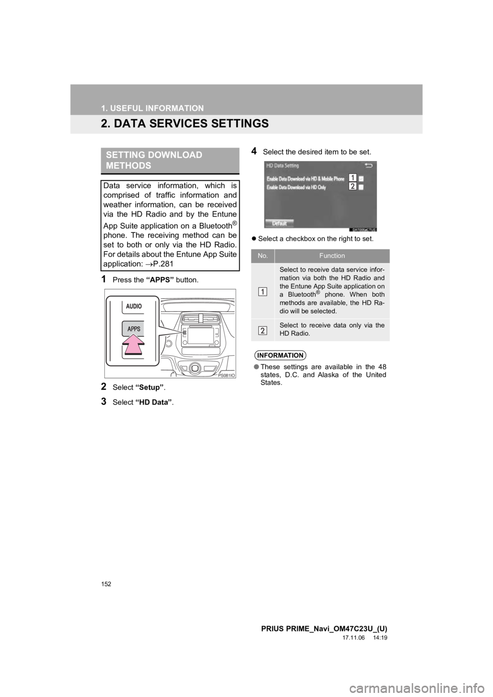 TOYOTA PRIUS PRIME 2018  Accessories, Audio & Navigation (in English) 152
1. USEFUL INFORMATION
PRIUS PRIME_Navi_OM47C23U_(U)
17.11.06     14:19
2. DATA SERVICES SETTINGS
1Press the “APPS” button.
2Select “Setup” .
3Select “HD Data” .
4Select the desired ite TOYOTA PRIUS PRIME 2018  Accessories, Audio & Navigation (in English) 152
1. USEFUL INFORMATION
PRIUS PRIME_Navi_OM47C23U_(U)
17.11.06     14:19
2. DATA SERVICES SETTINGS
1Press the “APPS” button.
2Select “Setup” .
3Select “HD Data” .
4Select the desired ite
