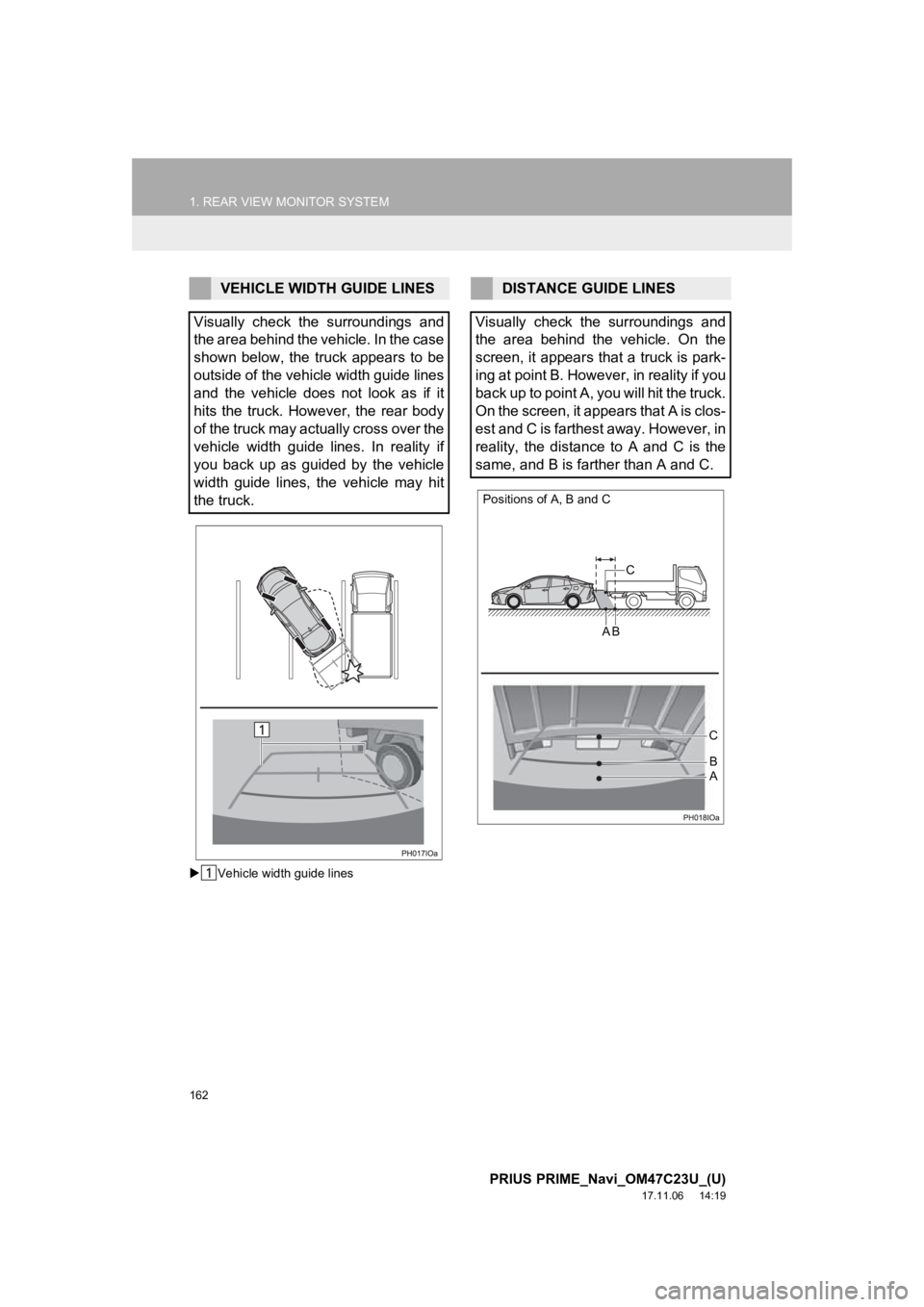 TOYOTA PRIUS PRIME 2018  Accessories, Audio & Navigation (in English) 162
1. REAR VIEW MONITOR SYSTEM
PRIUS PRIME_Navi_OM47C23U_(U)
17.11.06     14:19
Vehicle width guide lines
VEHICLE WIDTH GUIDE LINES
Visually  check  the  surroundings  and
the area behind the vehi TOYOTA PRIUS PRIME 2018  Accessories, Audio & Navigation (in English) 162
1. REAR VIEW MONITOR SYSTEM
PRIUS PRIME_Navi_OM47C23U_(U)
17.11.06     14:19
Vehicle width guide lines
VEHICLE WIDTH GUIDE LINES
Visually  check  the  surroundings  and
the area behind the vehi