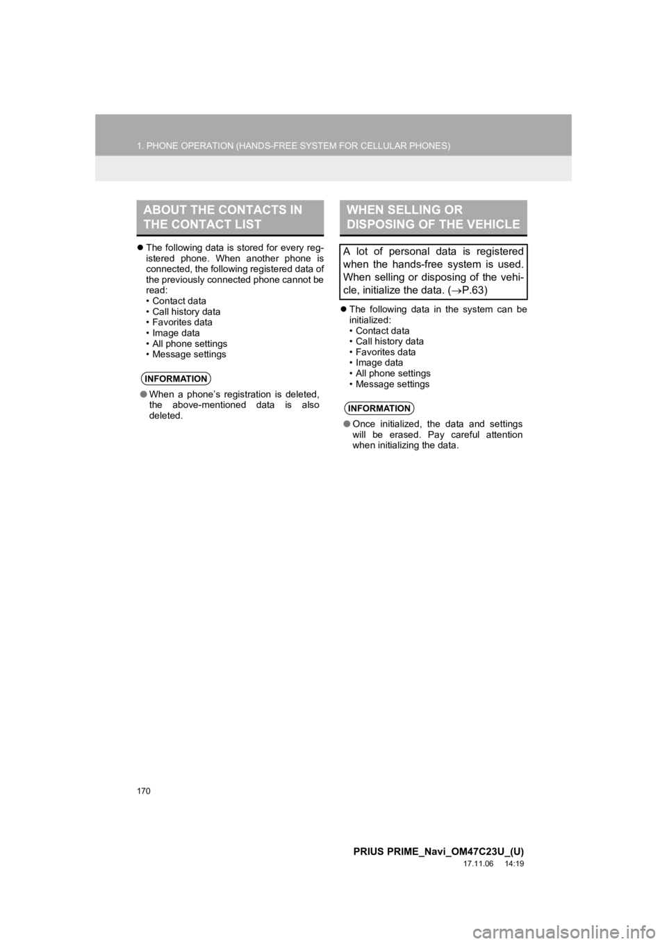 TOYOTA PRIUS PRIME 2018  Accessories, Audio & Navigation (in English) 170
1. PHONE OPERATION (HANDS-FREE SYSTEM FOR CELLULAR PHONES)
PRIUS PRIME_Navi_OM47C23U_(U)
17.11.06     14:19
The following data is stored for every reg-
istered  phone.  When  another  phone  is TOYOTA PRIUS PRIME 2018  Accessories, Audio & Navigation (in English) 170
1. PHONE OPERATION (HANDS-FREE SYSTEM FOR CELLULAR PHONES)
PRIUS PRIME_Navi_OM47C23U_(U)
17.11.06     14:19
The following data is stored for every reg-
istered  phone.  When  another  phone  is