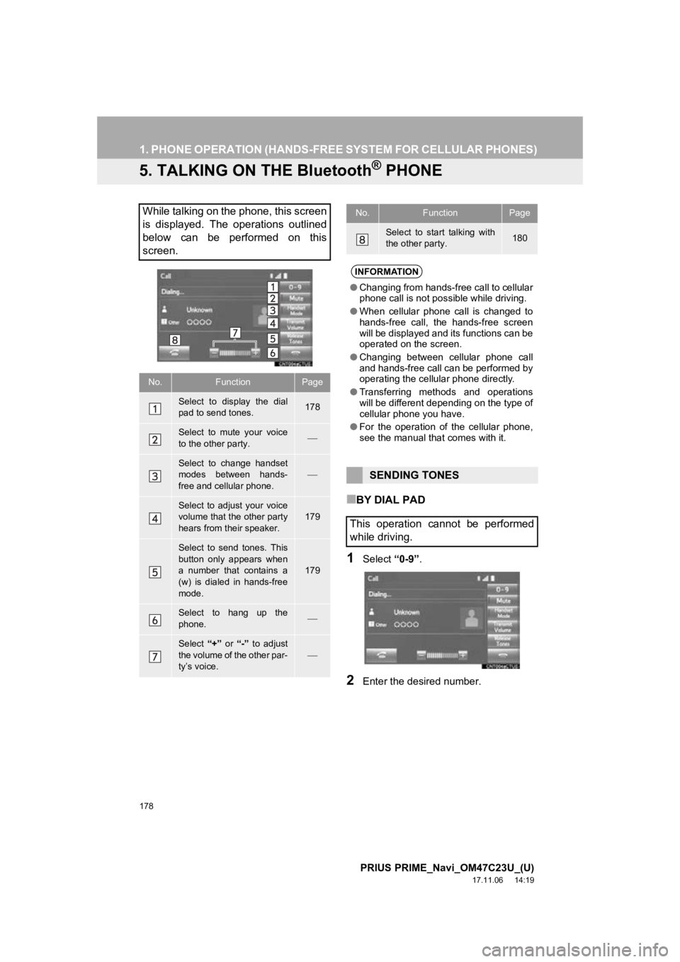 TOYOTA PRIUS PRIME 2018  Accessories, Audio & Navigation (in English) 178
1. PHONE OPERATION (HANDS-FREE SYSTEM FOR CELLULAR PHONES)
PRIUS PRIME_Navi_OM47C23U_(U)
17.11.06     14:19
5. TALKING ON THE Bluetooth® PHONE
■BY DIAL PAD
1Select “0-9”.
2Enter the desired TOYOTA PRIUS PRIME 2018  Accessories, Audio & Navigation (in English) 178
1. PHONE OPERATION (HANDS-FREE SYSTEM FOR CELLULAR PHONES)
PRIUS PRIME_Navi_OM47C23U_(U)
17.11.06     14:19
5. TALKING ON THE Bluetooth® PHONE
■BY DIAL PAD
1Select “0-9”.
2Enter the desired