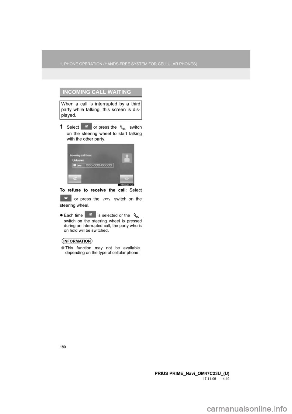 TOYOTA PRIUS PRIME 2018  Accessories, Audio & Navigation (in English) 180
1. PHONE OPERATION (HANDS-FREE SYSTEM FOR CELLULAR PHONES)
PRIUS PRIME_Navi_OM47C23U_(U)
17.11.06     14:19
1Select   or press the   switch
on  the  steering  wheel  to  start  talking
with the ot TOYOTA PRIUS PRIME 2018  Accessories, Audio & Navigation (in English) 180
1. PHONE OPERATION (HANDS-FREE SYSTEM FOR CELLULAR PHONES)
PRIUS PRIME_Navi_OM47C23U_(U)
17.11.06     14:19
1Select   or press the   switch
on  the  steering  wheel  to  start  talking
with the ot