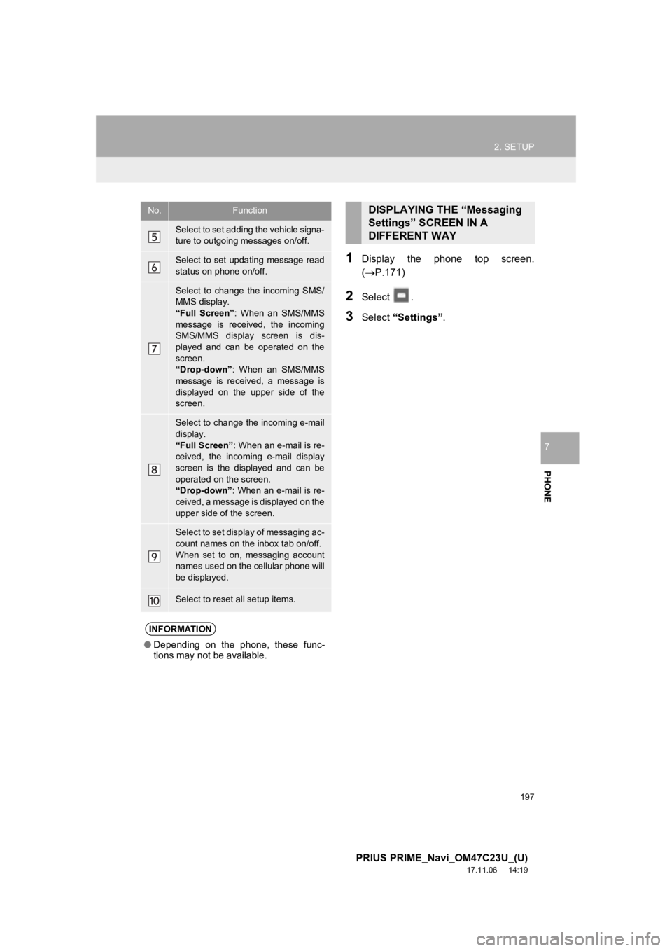 TOYOTA PRIUS PRIME 2018 Accessories, Audio & Navigation (in English) 197
2. SETUP
PRIUS PRIME_Navi_OM47C23U_(U)
17.11.06 14:19
PHONE
7
1Display the phone top screen.
(P.171)
2Select .
3Select “Settings” .
Select to set adding the vehicle signa-
ture to TOYOTA PRIUS PRIME 2018 Accessories, Audio & Navigation (in English) 197
2. SETUP
PRIUS PRIME_Navi_OM47C23U_(U)
17.11.06 14:19
PHONE
7
1Display the phone top screen.
(P.171)
2Select .
3Select “Settings” .
Select to set adding the vehicle signa-
ture to