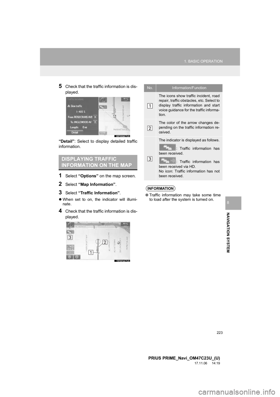 TOYOTA PRIUS PRIME 2018 Accessories, Audio & Navigation (in English) 223
1. BASIC OPERATION
PRIUS PRIME_Navi_OM47C23U_(U)
17.11.06 14:19
NAVIGATION SYSTEM
8
5Check that the traffic information is dis-
played.
“Detail” : Select to display detailed traffic
i TOYOTA PRIUS PRIME 2018 Accessories, Audio & Navigation (in English) 223
1. BASIC OPERATION
PRIUS PRIME_Navi_OM47C23U_(U)
17.11.06 14:19
NAVIGATION SYSTEM
8
5Check that the traffic information is dis-
played.
“Detail” : Select to display detailed traffic
i