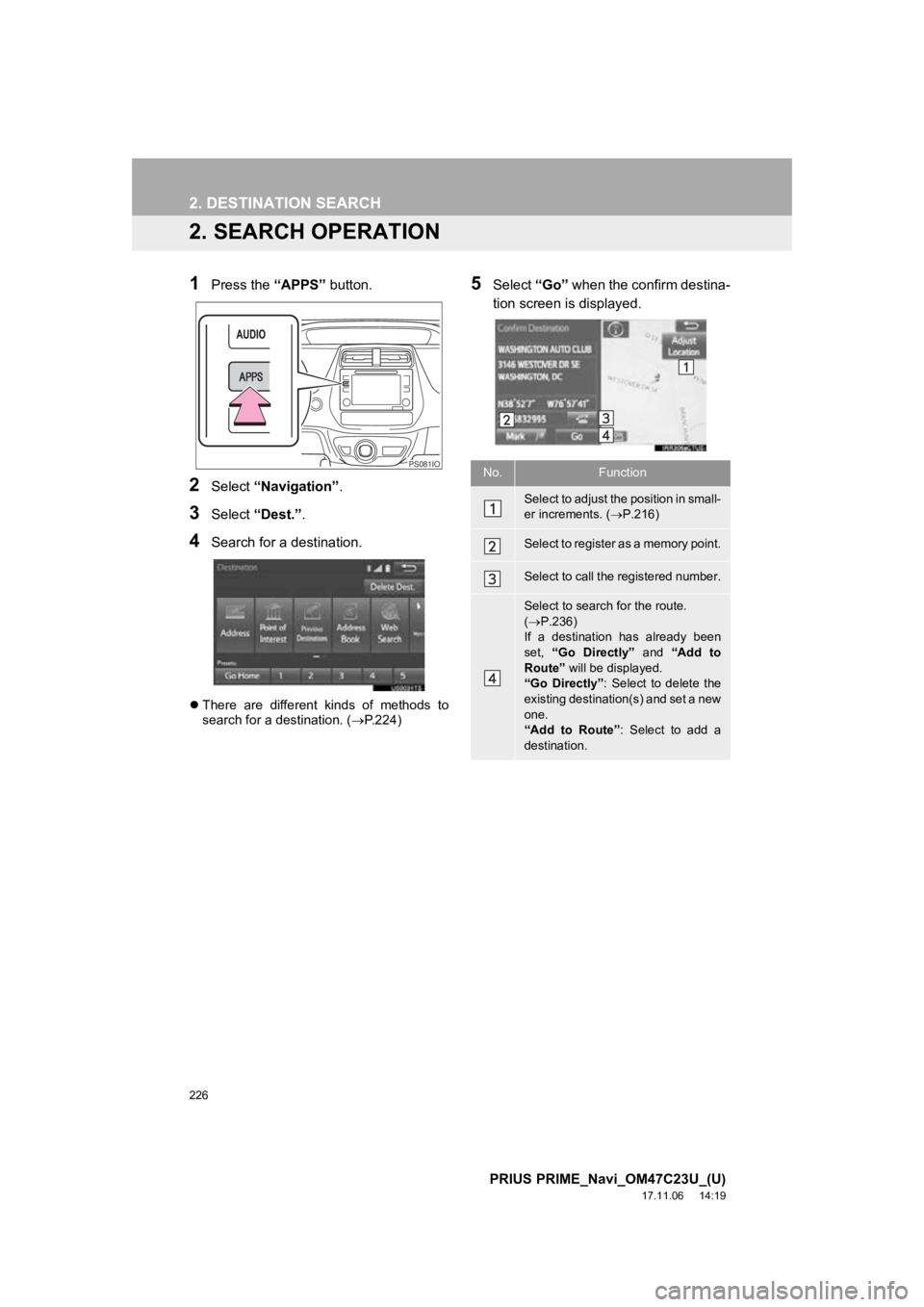 TOYOTA PRIUS PRIME 2018 Accessories, Audio & Navigation (in English) 226
2. DESTINATION SEARCH
PRIUS PRIME_Navi_OM47C23U_(U)
17.11.06 14:19
2. SEARCH OPERATION
1Press the “APPS” button.
2Select “Navigation” .
3Select “Dest.” .
4Search for a destination. TOYOTA PRIUS PRIME 2018 Accessories, Audio & Navigation (in English) 226
2. DESTINATION SEARCH
PRIUS PRIME_Navi_OM47C23U_(U)
17.11.06 14:19
2. SEARCH OPERATION
1Press the “APPS” button.
2Select “Navigation” .
3Select “Dest.” .
4Search for a destination.