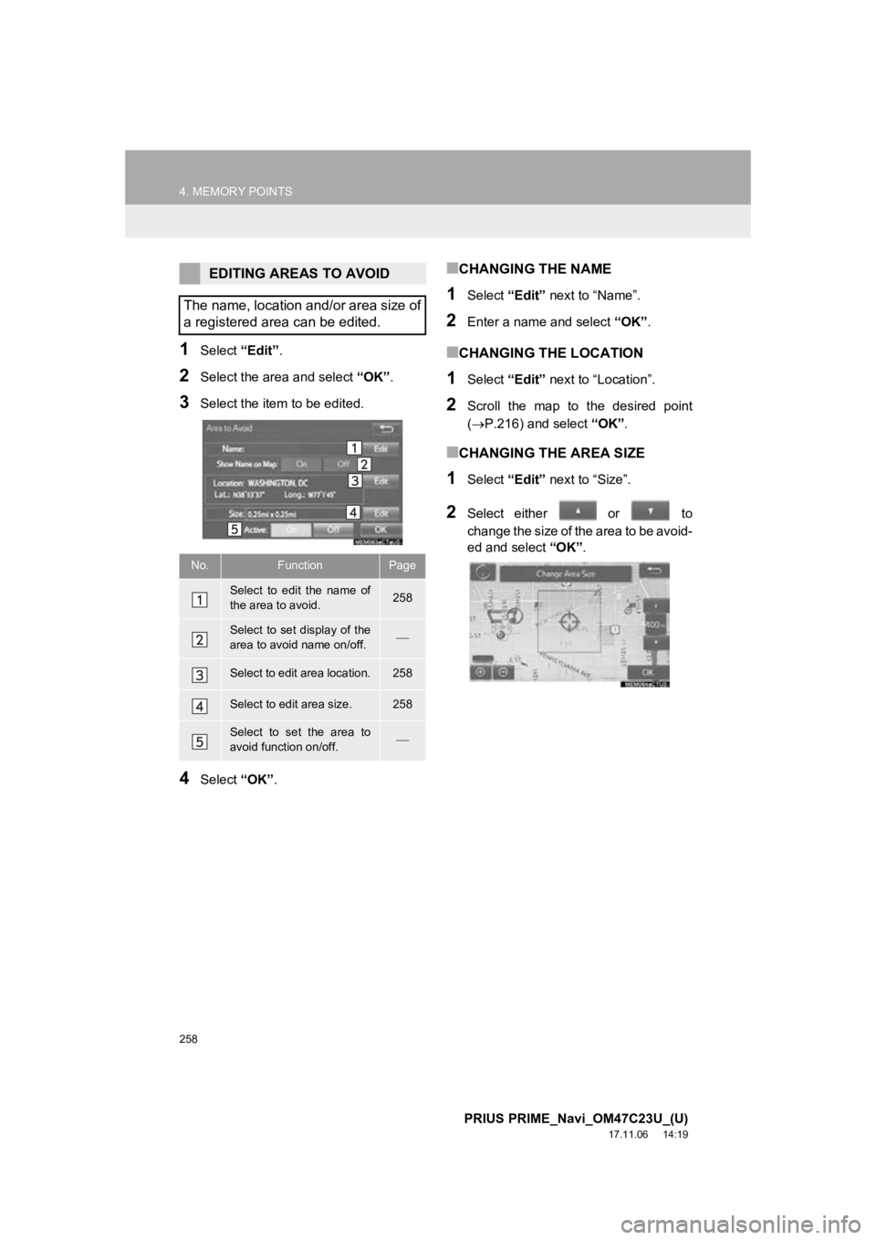 TOYOTA PRIUS PRIME 2018 Accessories, Audio & Navigation (in English) 258
4. MEMORY POINTS
PRIUS PRIME_Navi_OM47C23U_(U)
17.11.06 14:19
1Select “Edit”.
2Select the area and select “OK”.
3Select the item to be edited.
4Select “OK”.
■CHANGING THE NAME
TOYOTA PRIUS PRIME 2018 Accessories, Audio & Navigation (in English) 258
4. MEMORY POINTS
PRIUS PRIME_Navi_OM47C23U_(U)
17.11.06 14:19
1Select “Edit”.
2Select the area and select “OK”.
3Select the item to be edited.
4Select “OK”.
■CHANGING THE NAME