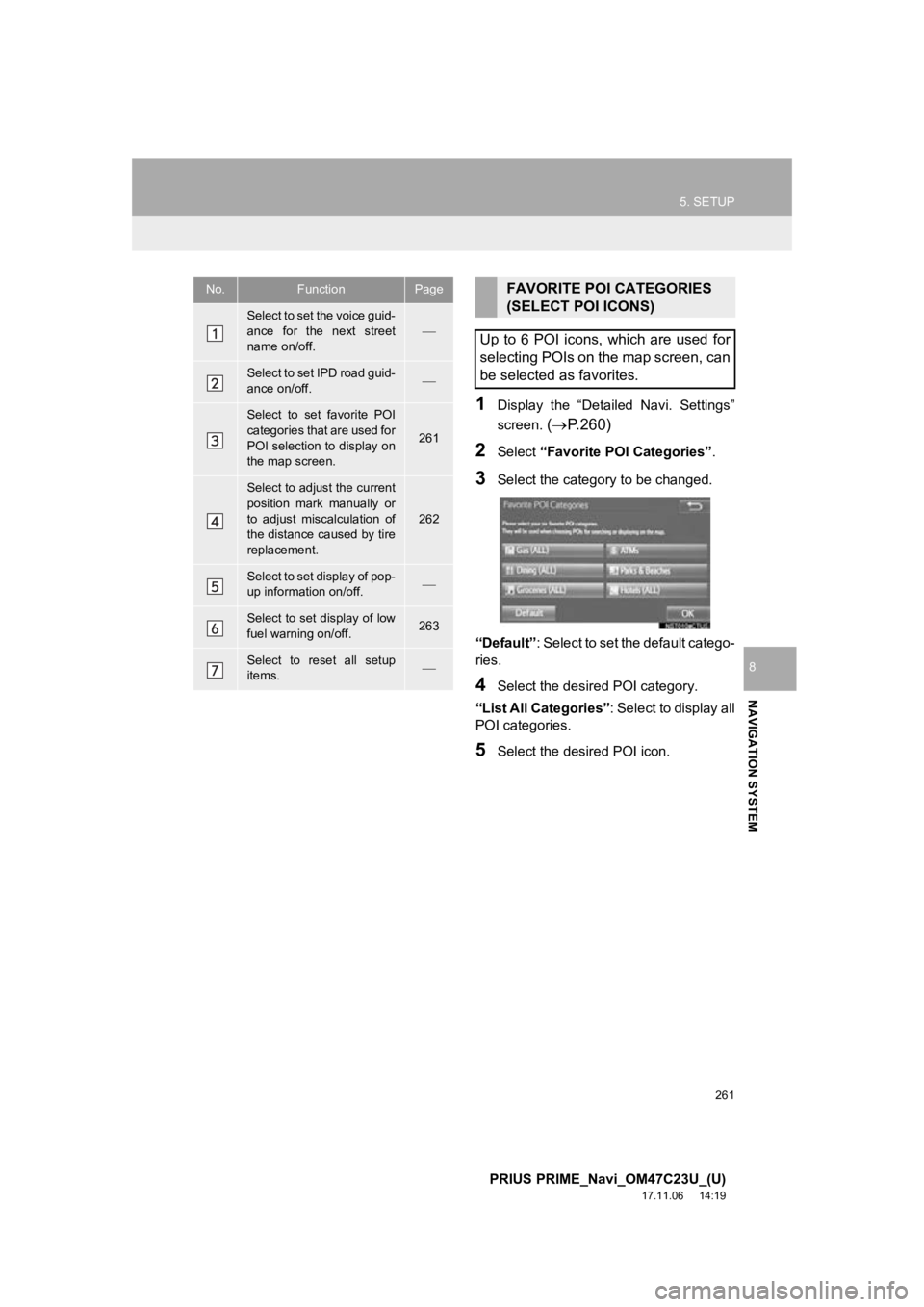 TOYOTA PRIUS PRIME 2018  Accessories, Audio & Navigation (in English) 261
5. SETUP
PRIUS PRIME_Navi_OM47C23U_(U)
17.11.06     14:19
NAVIGATION SYSTEM
8
1Display  the  “Detailed  Navi.  Settings”
screen. 
( P.260)
2Select  “Favorite POI Categories” .
3Select t TOYOTA PRIUS PRIME 2018  Accessories, Audio & Navigation (in English) 261
5. SETUP
PRIUS PRIME_Navi_OM47C23U_(U)
17.11.06     14:19
NAVIGATION SYSTEM
8
1Display  the  “Detailed  Navi.  Settings”
screen. 
( P.260)
2Select  “Favorite POI Categories” .
3Select t