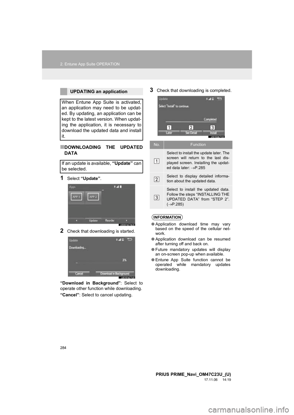 TOYOTA PRIUS PRIME 2018 Accessories, Audio & Navigation (in English) 284
2. Entune App Suite OPERATION
PRIUS PRIME_Navi_OM47C23U_(U)
17.11.06 14:19
■DOWNLOADING THE UPDATED
DATA
1Select “Update” .
2Check that downloading is started.
“Download in Backgro TOYOTA PRIUS PRIME 2018 Accessories, Audio & Navigation (in English) 284
2. Entune App Suite OPERATION
PRIUS PRIME_Navi_OM47C23U_(U)
17.11.06 14:19
■DOWNLOADING THE UPDATED
DATA
1Select “Update” .
2Check that downloading is started.
“Download in Backgro