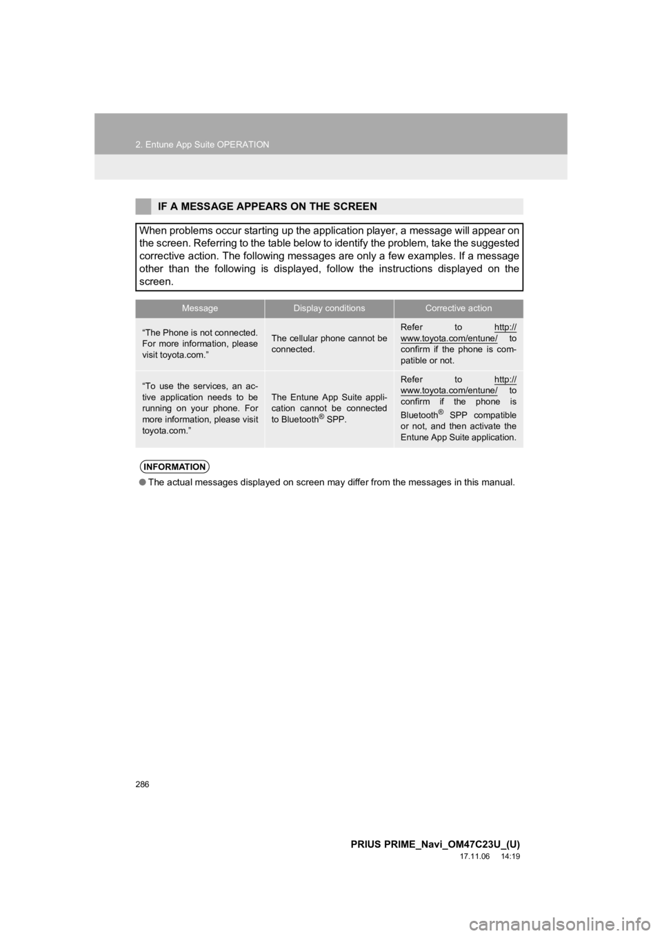 TOYOTA PRIUS PRIME 2018  Accessories, Audio & Navigation (in English) 286
2. Entune App Suite OPERATION
PRIUS PRIME_Navi_OM47C23U_(U)
17.11.06     14:19
IF A MESSAGE APPEARS ON THE SCREEN
When problems occur starting up the application player, a messa ge will appear on
 TOYOTA PRIUS PRIME 2018  Accessories, Audio & Navigation (in English) 286
2. Entune App Suite OPERATION
PRIUS PRIME_Navi_OM47C23U_(U)
17.11.06     14:19
IF A MESSAGE APPEARS ON THE SCREEN
When problems occur starting up the application player, a messa ge will appear on