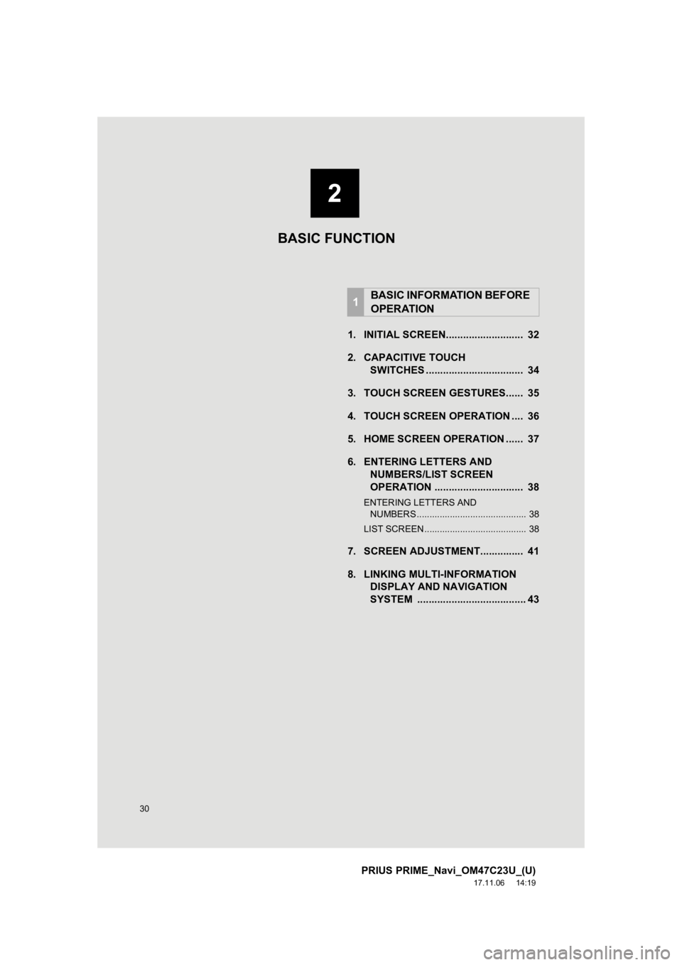 TOYOTA PRIUS PRIME 2018  Accessories, Audio & Navigation (in English) 30
PRIUS PRIME_Navi_OM47C23U_(U)
17.11.06     14:19
1. INITIAL SCREEN...........................  32
2. CAPACITIVE TOUCHSWITCHES ..................................  34
3. TOUCH SCREEN GESTURES......  