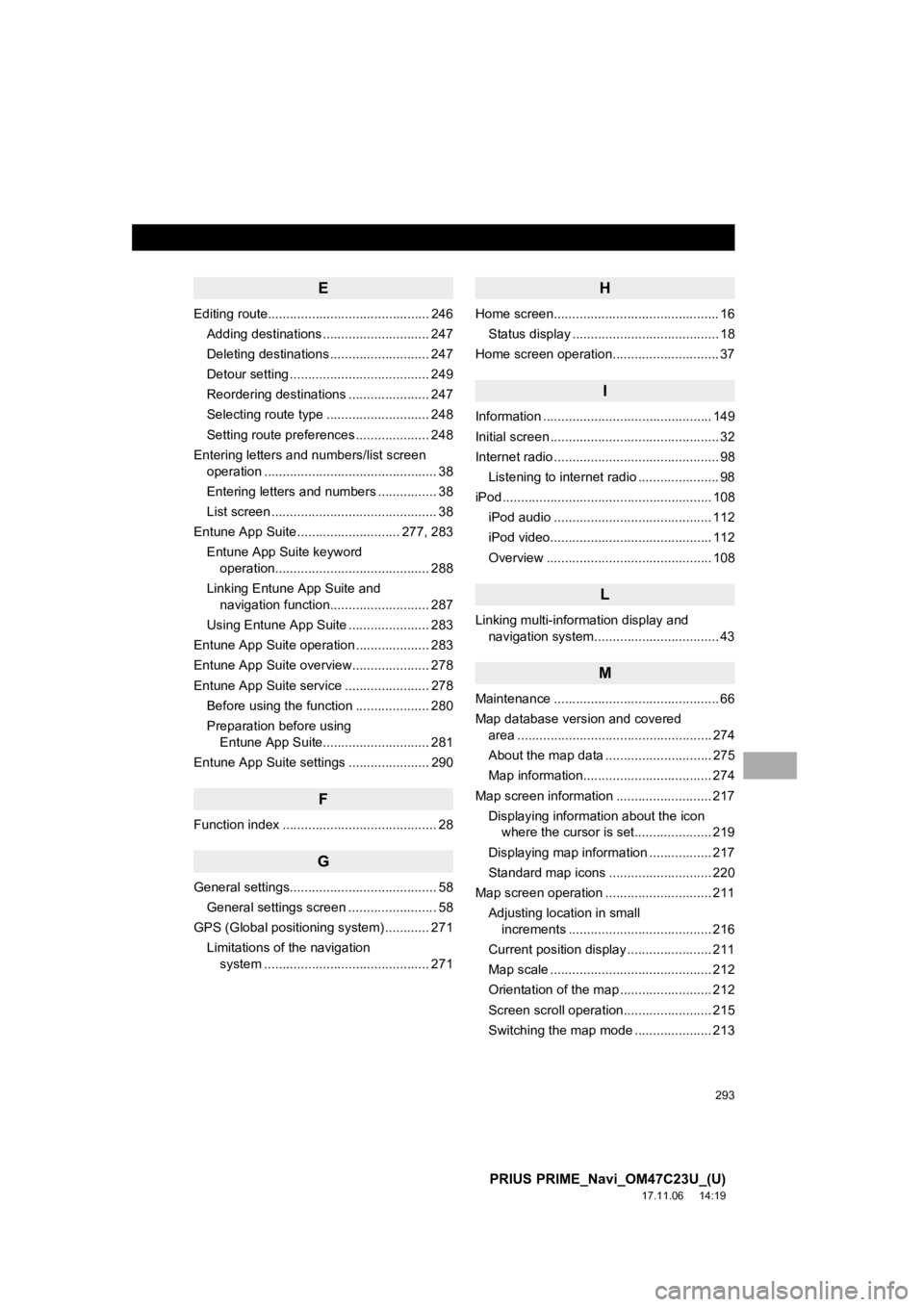 TOYOTA PRIUS PRIME 2018 Accessories, Audio & Navigation (in English) 293
PRIUS PRIME_Navi_OM47C23U_(U)
17.11.06 14:19
E
Editing route............................................ 246Adding destinations ............................. 247
Deleting destinations ........ TOYOTA PRIUS PRIME 2018 Accessories, Audio & Navigation (in English) 293
PRIUS PRIME_Navi_OM47C23U_(U)
17.11.06 14:19
E
Editing route............................................ 246Adding destinations ............................. 247
Deleting destinations ........