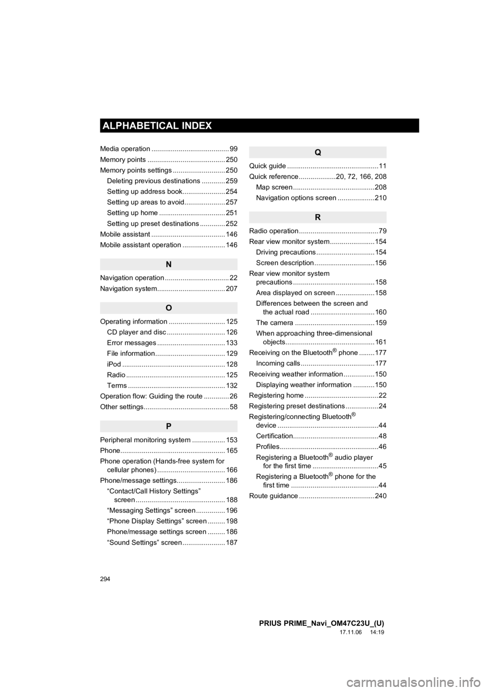 TOYOTA PRIUS PRIME 2018  Accessories, Audio & Navigation (in English) 294
ALPHABETICAL INDEX
PRIUS PRIME_Navi_OM47C23U_(U)
17.11.06     14:19
Media operation ........................................ 99
Memory points ........................................ 250
Memory po TOYOTA PRIUS PRIME 2018  Accessories, Audio & Navigation (in English) 294
ALPHABETICAL INDEX
PRIUS PRIME_Navi_OM47C23U_(U)
17.11.06     14:19
Media operation ........................................ 99
Memory points ........................................ 250
Memory po