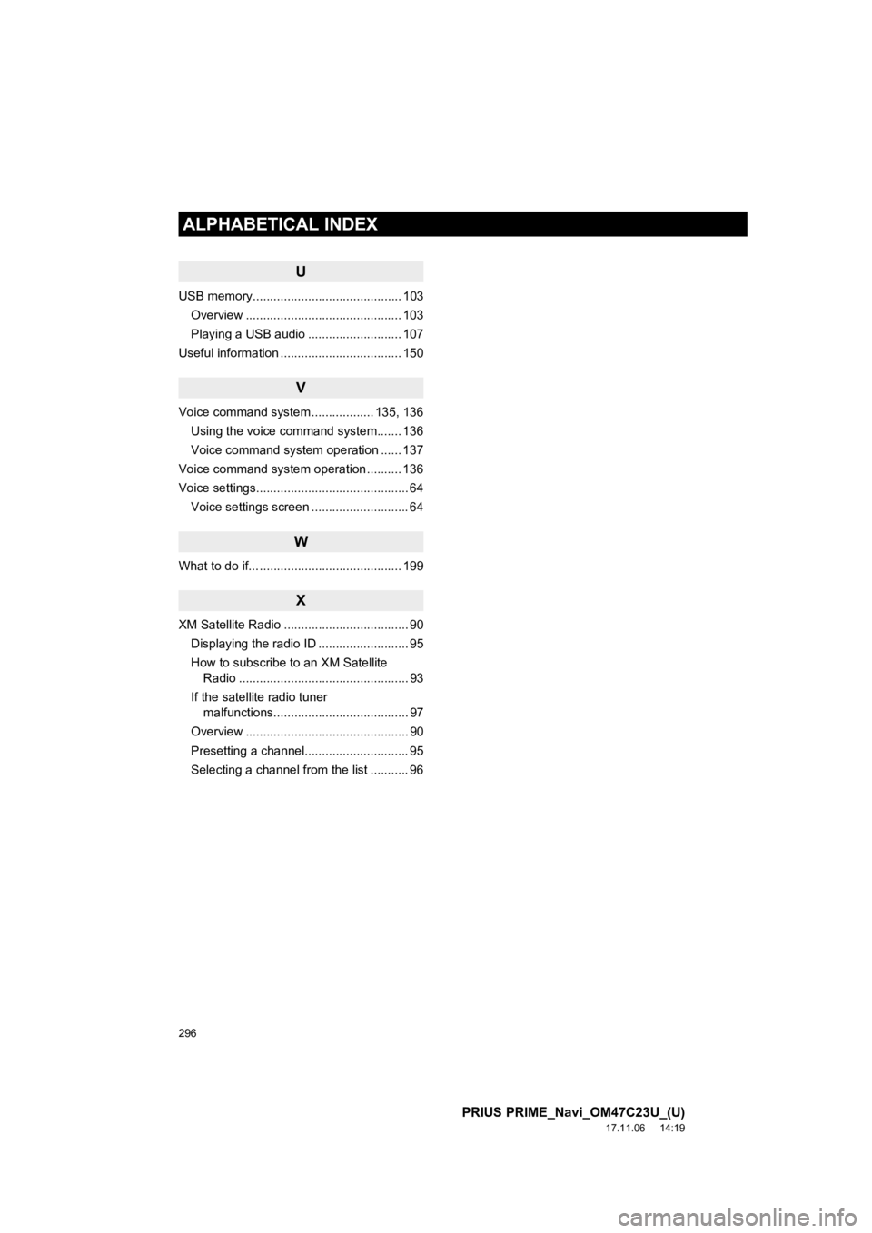 TOYOTA PRIUS PRIME 2018 Accessories, Audio & Navigation (in English) 296
ALPHABETICAL INDEX
PRIUS PRIME_Navi_OM47C23U_(U)
17.11.06 14:19
U
USB memory........................................... 103Overview ............................................. 103
Playing a TOYOTA PRIUS PRIME 2018 Accessories, Audio & Navigation (in English) 296
ALPHABETICAL INDEX
PRIUS PRIME_Navi_OM47C23U_(U)
17.11.06 14:19
U
USB memory........................................... 103Overview ............................................. 103
Playing a