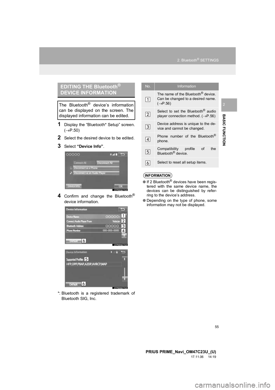 TOYOTA PRIUS PRIME 2018  Accessories, Audio & Navigation (in English) 55
2. Bluetooth® SETTINGS
PRIUS PRIME_Navi_OM47C23U_(U)
17.11.06     14:19
BASIC FUNCTION
2
1Display the “Bluetooth* Setup” screen.
(P.50)
2Select the desired device to be edited.
3Select “D TOYOTA PRIUS PRIME 2018  Accessories, Audio & Navigation (in English) 55
2. Bluetooth® SETTINGS
PRIUS PRIME_Navi_OM47C23U_(U)
17.11.06     14:19
BASIC FUNCTION
2
1Display the “Bluetooth* Setup” screen.
(P.50)
2Select the desired device to be edited.
3Select “D