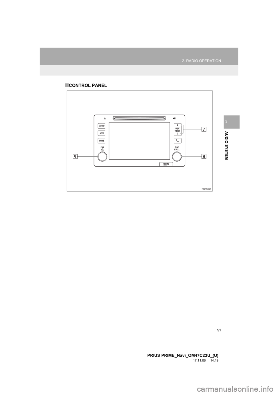 TOYOTA PRIUS PRIME 2018  Accessories, Audio & Navigation (in English) 91
2. RADIO OPERATION
PRIUS PRIME_Navi_OM47C23U_(U)
17.11.06     14:19
AUDIO SYSTEM
3
■CONTROL PANEL
PS080IO 