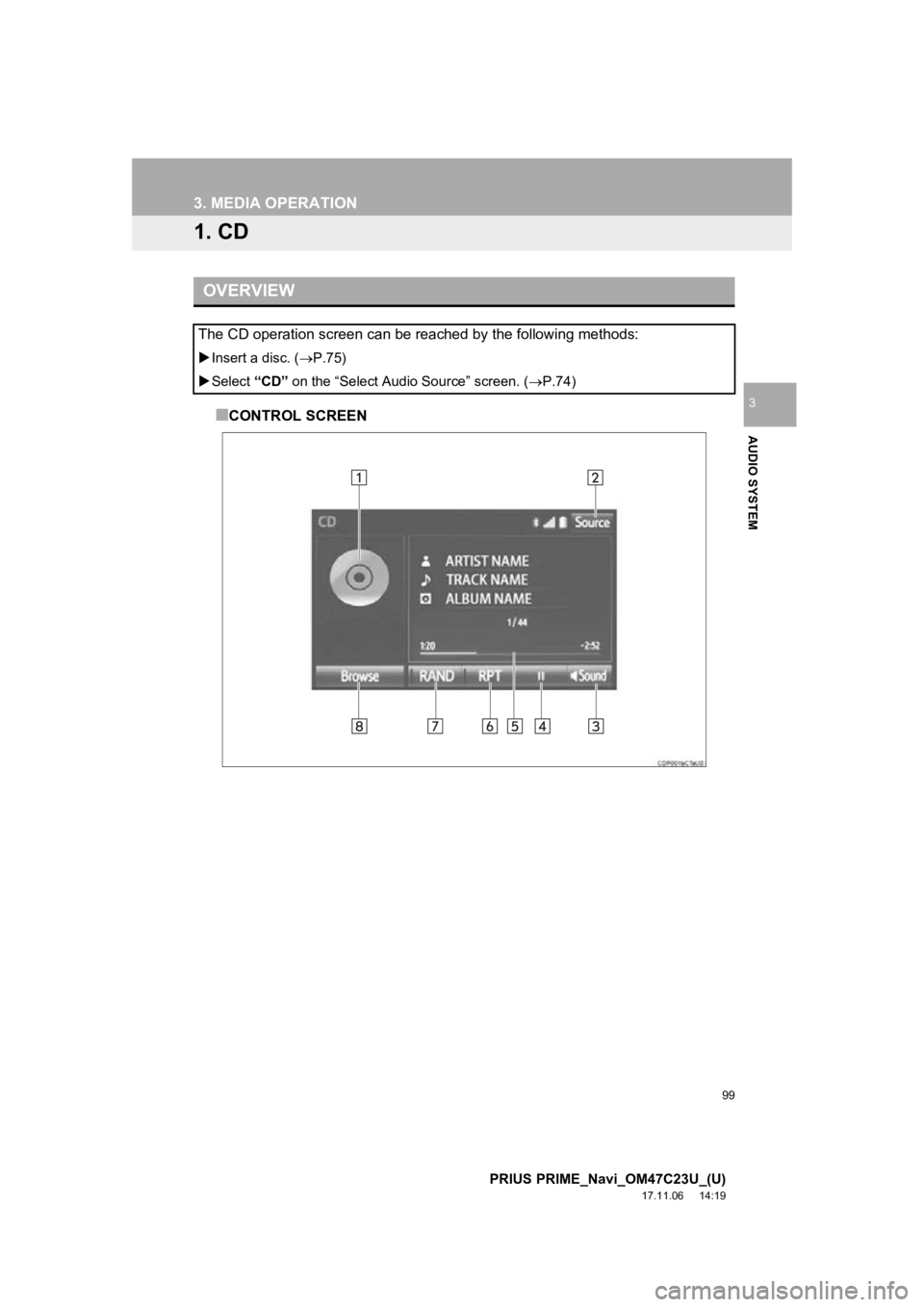 TOYOTA PRIUS PRIME 2018  Accessories, Audio & Navigation (in English) 99
PRIUS PRIME_Navi_OM47C23U_(U)
17.11.06     14:19
AUDIO SYSTEM
3
3. MEDIA OPERATION
1. CD
■CONTROL SCREEN
OVERVIEW
The CD operation screen can be reached by the following methods:
Insert a disc