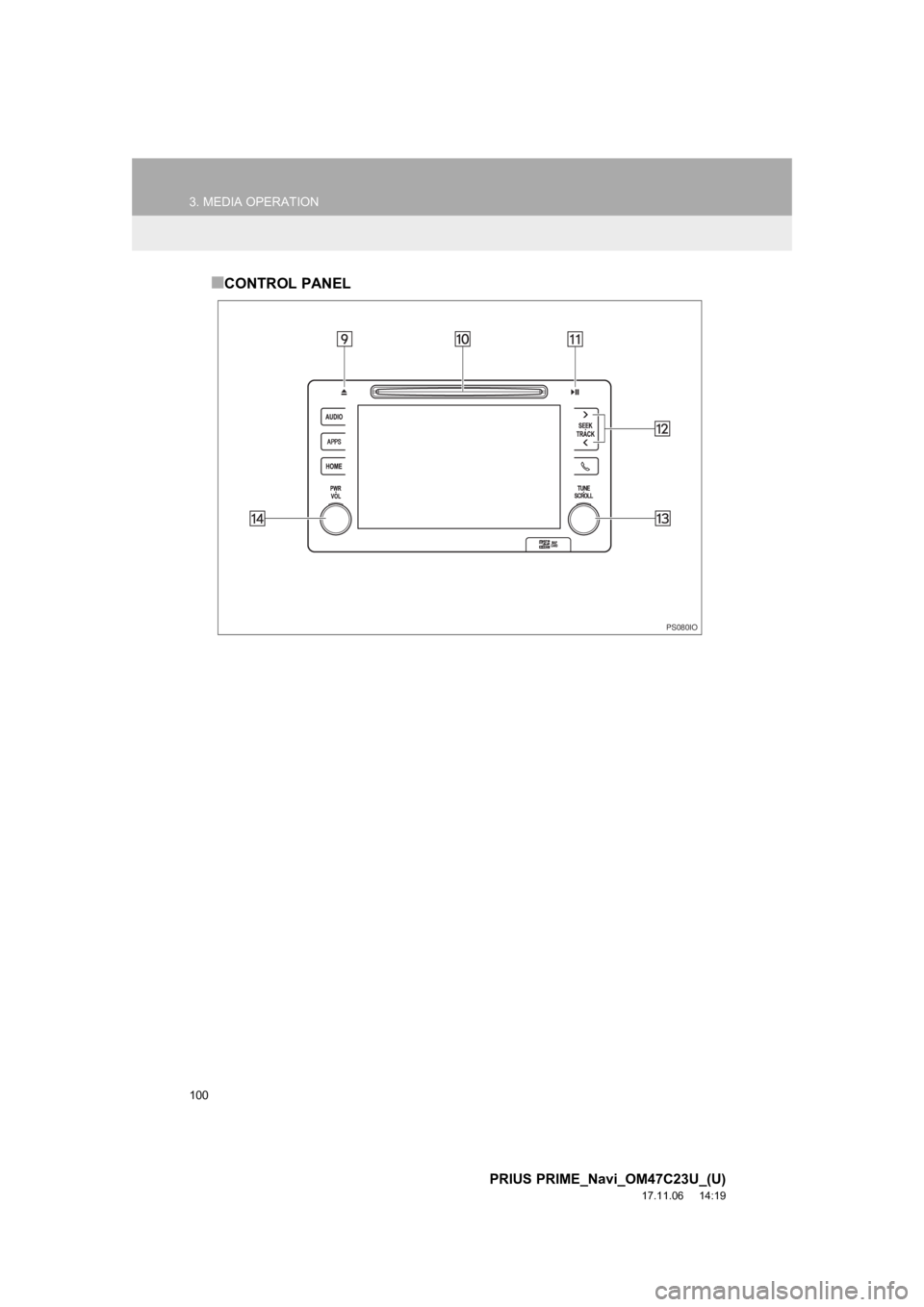 TOYOTA PRIUS PRIME 2018  Accessories, Audio & Navigation (in English) 100
3. MEDIA OPERATION
PRIUS PRIME_Navi_OM47C23U_(U)
17.11.06     14:19
■CONTROL PANEL
PS080IO 