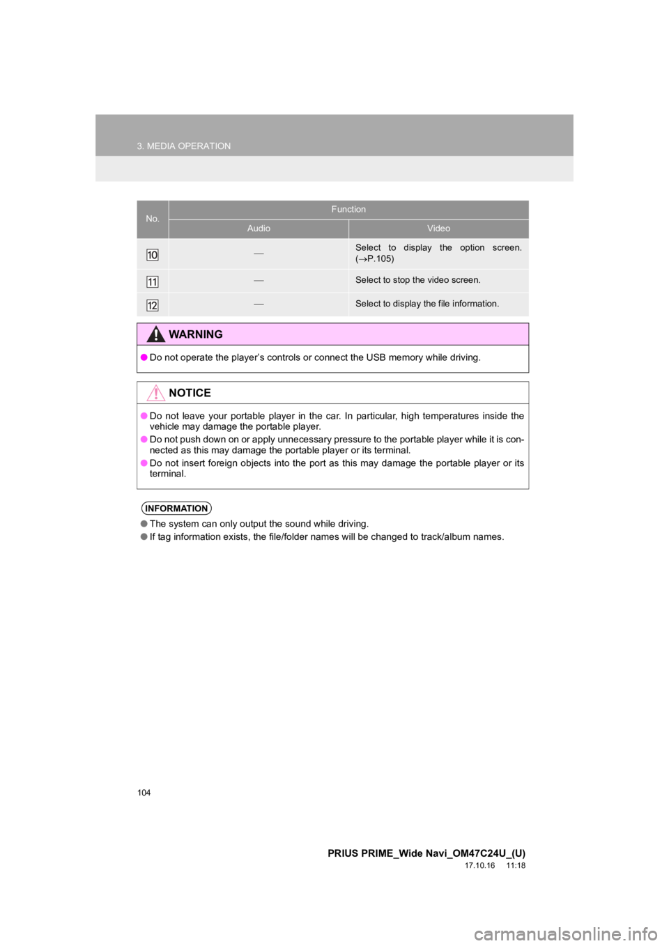 TOYOTA PRIUS PRIME 2018  Accessories, Audio & Navigation (in English) 104
3. MEDIA OPERATION
PRIUS PRIME_Wide Navi_OM47C24U_(U)
17.10.16     11:18
Select  to  display  the  option  screen.
( P.105)
Select to stop the video screen.
Select to display the file 