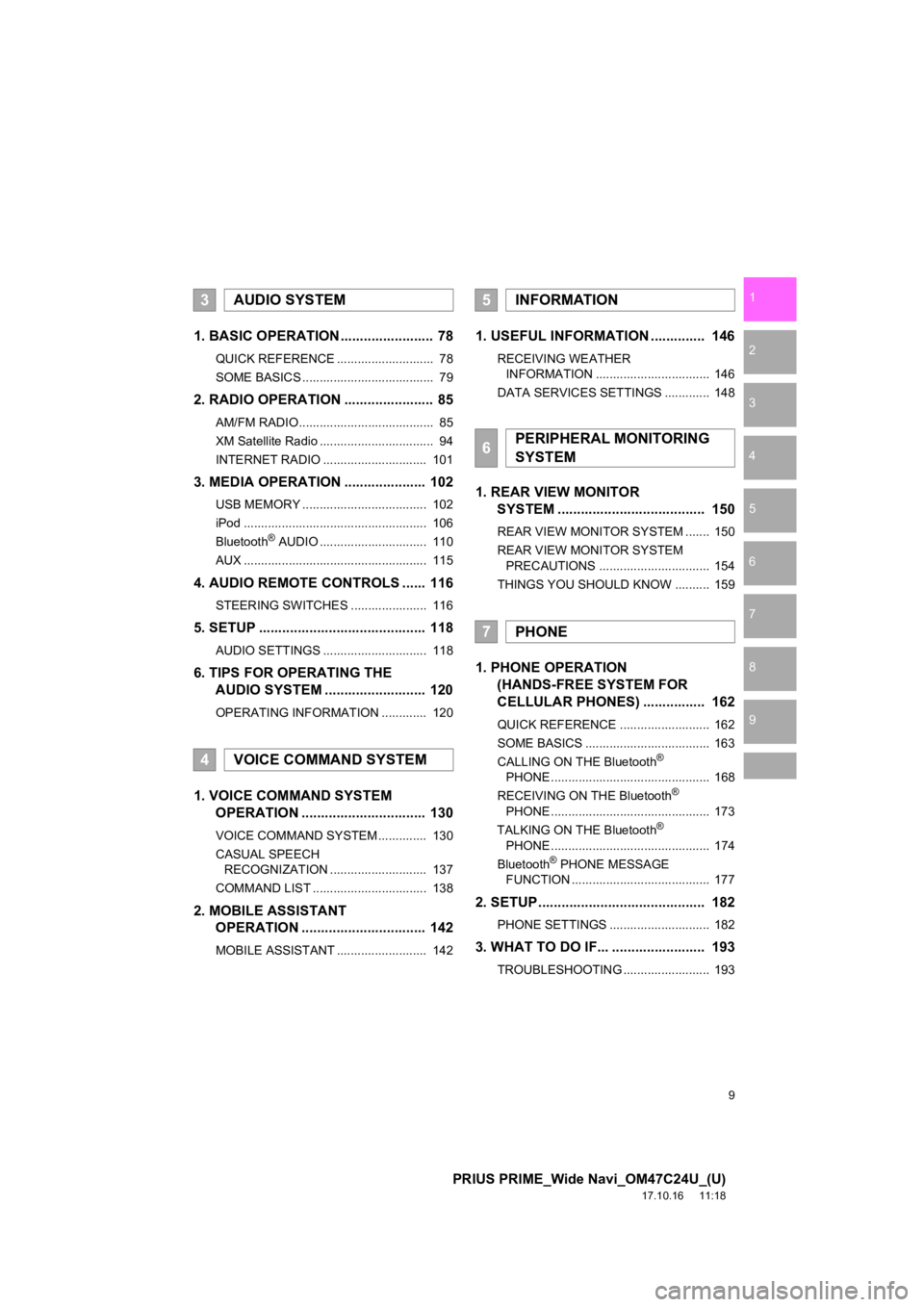 TOYOTA PRIUS PRIME 2018  Accessories, Audio & Navigation (in English) 9
PRIUS PRIME_Wide Navi_OM47C24U_(U)
17.10.16     11:18
1
2
3
4
5
6
7
8
9
1. BASIC OPERATION ........................ 78
QUICK REFERENCE ............................  78
SOME BASICS ..................