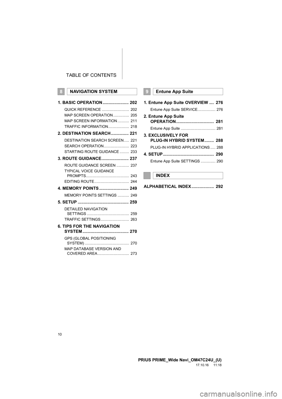 TOYOTA PRIUS PRIME 2018  Accessories, Audio & Navigation (in English) TABLE OF CONTENTS
10
PRIUS PRIME_Wide Navi_OM47C24U_(U)
17.10.16     11:18
1. BASIC OPERATION ...................... 202
QUICK REFERENCE ..........................  202
MAP SCREEN OPERATION ..........