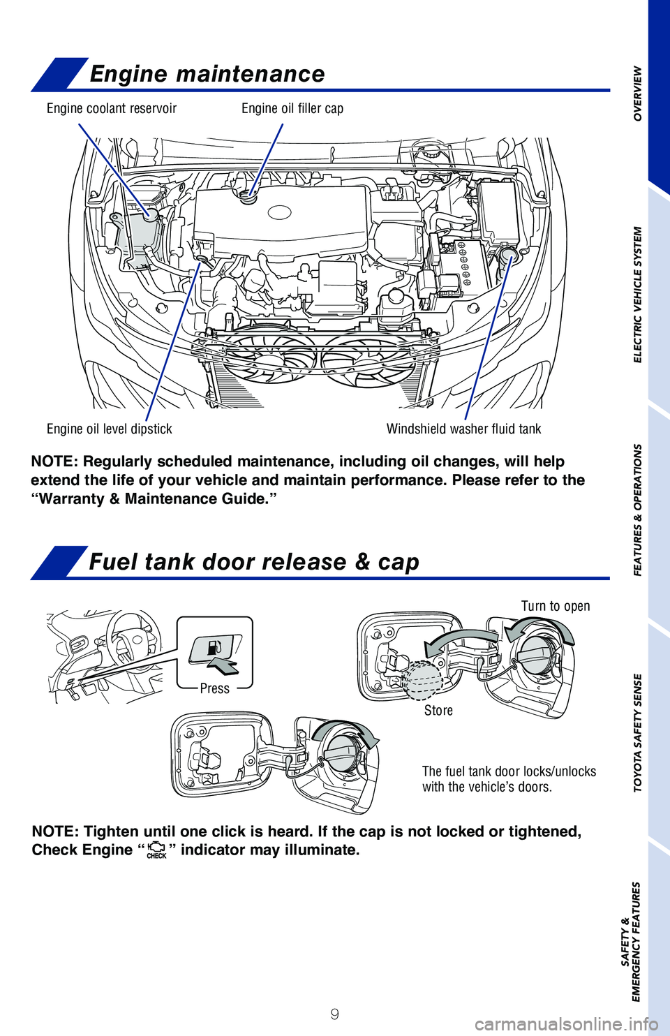 TOYOTA PRIUS PRIME 2019 (in English) User Guide 9
Engine maintenance
Engine coolant reservoir Engine oil filler cap
Engine oil level dipstickWindshield washer fluid tank
NOTE: Regularly scheduled maintenance, including oil changes, will help
exten TOYOTA PRIUS PRIME 2019 (in English) User Guide 9
Engine maintenance
Engine coolant reservoir Engine oil filler cap
Engine oil level dipstickWindshield washer fluid tank
NOTE: Regularly scheduled maintenance, including oil changes, will help
exten