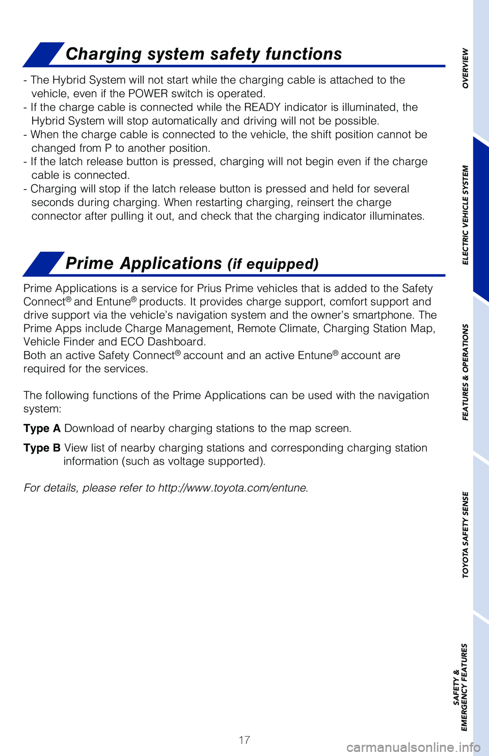 TOYOTA PRIUS PRIME 2019 (in English) User Guide 17
OVERVIEW
ELECTRIC VEHICLE SYSTEM
FEATURES & OPERATIONS
TOYOTA SAFETY SENSE
SAFETY &
EMERGENCY FEATURES
Charging system safety functions
Prime Applications (if equipped)
- The Hybrid System will n TOYOTA PRIUS PRIME 2019 (in English) User Guide 17
OVERVIEW
ELECTRIC VEHICLE SYSTEM
FEATURES & OPERATIONS
TOYOTA SAFETY SENSE
SAFETY &
EMERGENCY FEATURES
Charging system safety functions
Prime Applications (if equipped)
- The Hybrid System will n