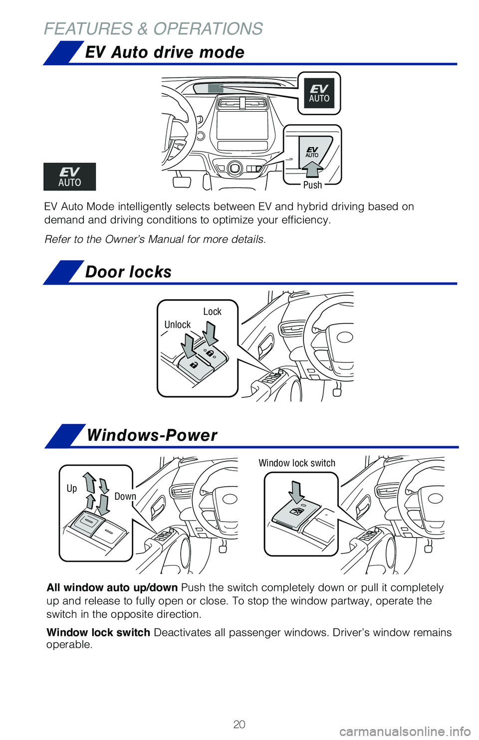 TOYOTA PRIUS PRIME 2019 (in English) Owners Manual 20
EV Auto drive mode
FEATURES & OPERATIONS
Push
EV Auto Mode intelligently selects between EV and hybrid driving based o\
n
demand and driving conditions to optimize your efficiency.
Refer to the Ow TOYOTA PRIUS PRIME 2019 (in English) Owners Manual 20
EV Auto drive mode
FEATURES & OPERATIONS
Push
EV Auto Mode intelligently selects between EV and hybrid driving based o\
n
demand and driving conditions to optimize your efficiency.
Refer to the Ow