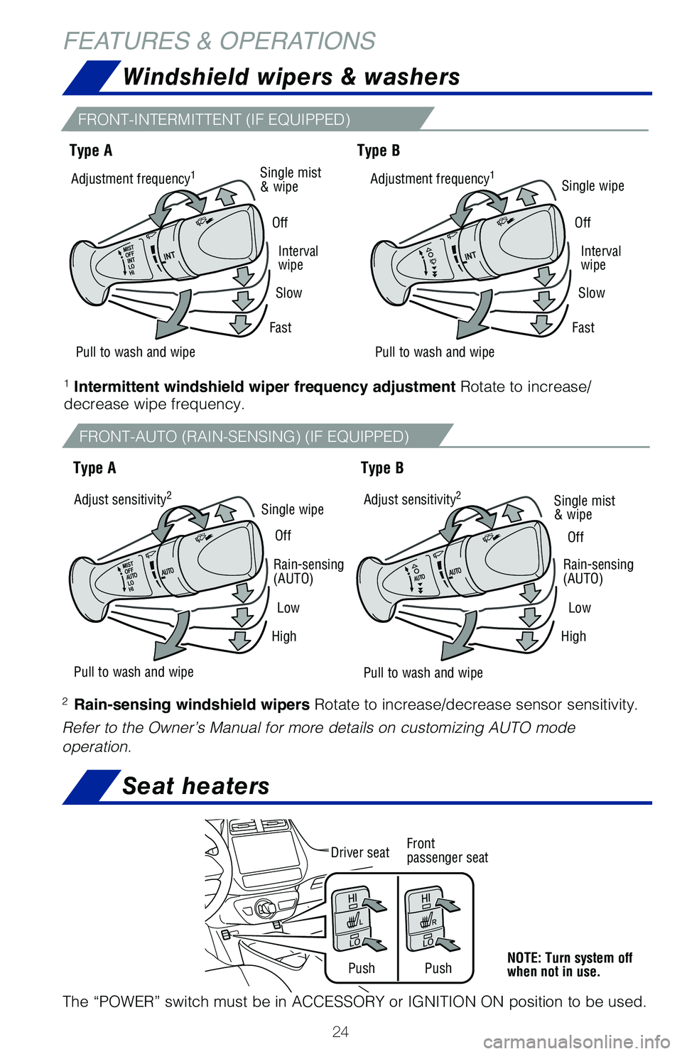 TOYOTA PRIUS PRIME 2019 (in English) Owners Manual 24
FEATURES & OPERATIONS
FRONT-INTERMITTENT (IF EQUIPPED)
FRONT-AUTO (RAIN-SENSING) (IF EQUIPPED)
Windshield wipers & washers
1 Intermittent windshield wiper frequency adjustment Rotate to increase/
d TOYOTA PRIUS PRIME 2019 (in English) Owners Manual 24
FEATURES & OPERATIONS
FRONT-INTERMITTENT (IF EQUIPPED)
FRONT-AUTO (RAIN-SENSING) (IF EQUIPPED)
Windshield wipers & washers
1 Intermittent windshield wiper frequency adjustment Rotate to increase/
d