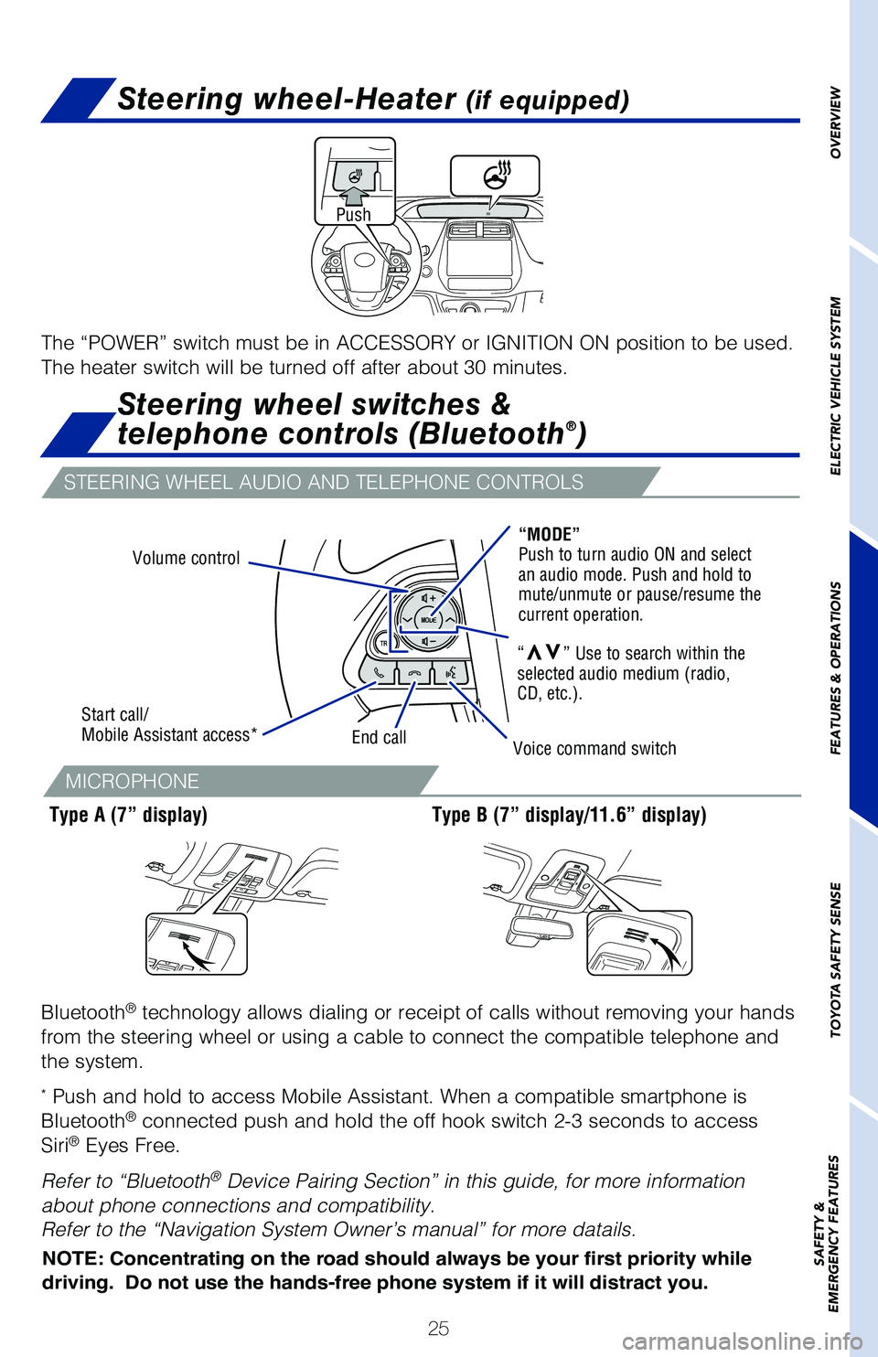 TOYOTA PRIUS PRIME 2019 (in English) Owners Manual 25
Bluetooth
® technology allows dialing or receipt of calls without removing your han\
ds
from the steering wheel or using a cable to connect the compatible telep\
hone and
the system.
* Push and TOYOTA PRIUS PRIME 2019 (in English) Owners Manual 25
Bluetooth
® technology allows dialing or receipt of calls without removing your han\
ds
from the steering wheel or using a cable to connect the compatible telep\
hone and
the system.
* Push and