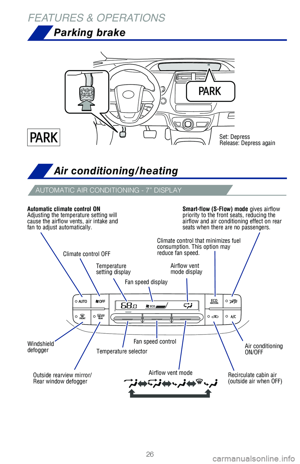 TOYOTA PRIUS PRIME 2019 (in English) Owners Manual 26
FEATURES & OPERATIONSAir conditioning/heating
AUTOMATIC AIR CONDITIONING - 7” DISPLAY
Air conditioning
ON/OFF
Recirculate cabin air
(outside air when OFF)
Airflow vent mode
Fan speed control
Wi TOYOTA PRIUS PRIME 2019 (in English) Owners Manual 26
FEATURES & OPERATIONSAir conditioning/heating
AUTOMATIC AIR CONDITIONING - 7” DISPLAY
Air conditioning
ON/OFF
Recirculate cabin air
(outside air when OFF)
Airflow vent mode
Fan speed control
Wi