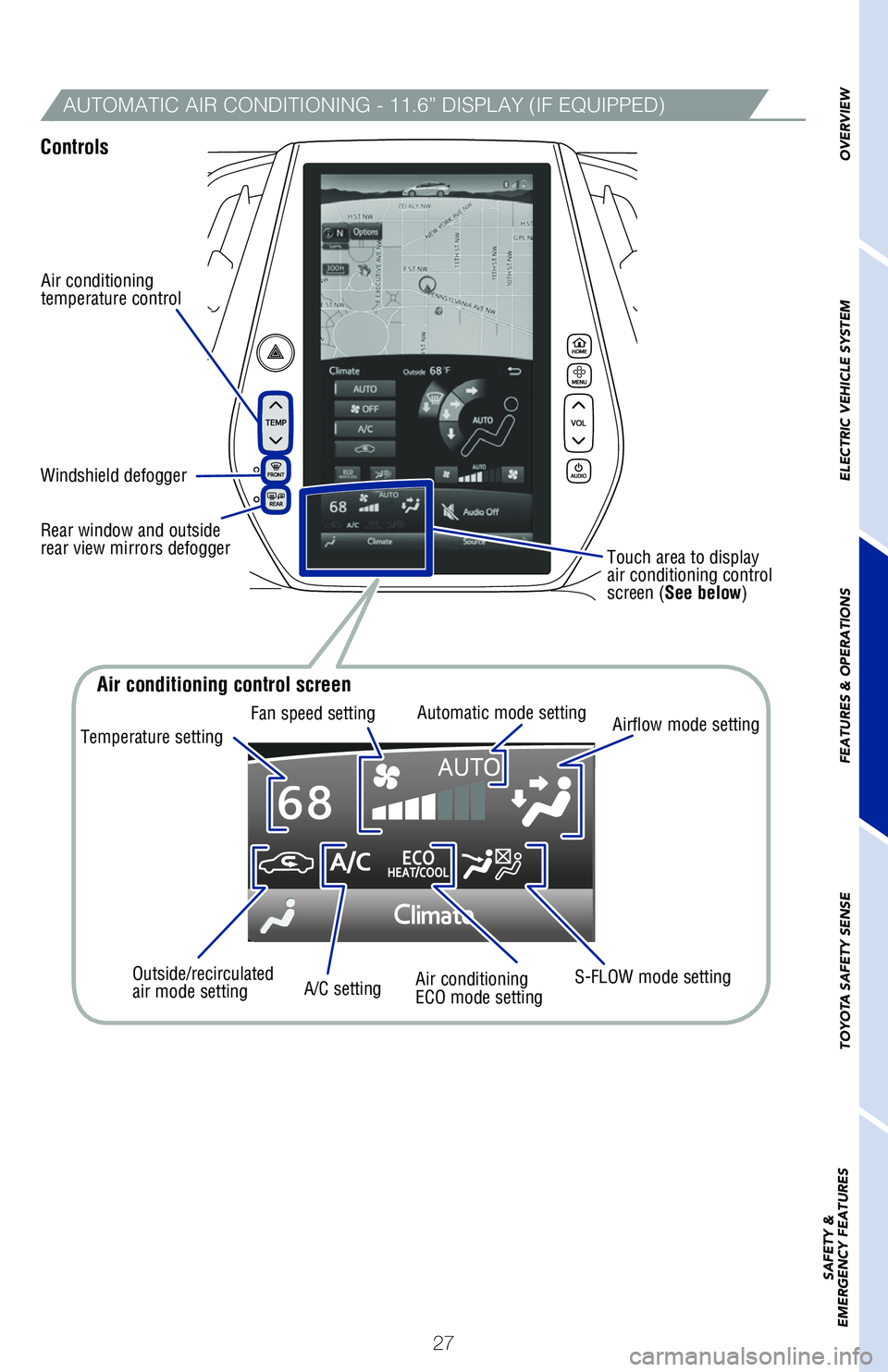 TOYOTA PRIUS PRIME 2019 (in English) Owners Manual 27
AUTOMATIC AIR CONDITIONING - 11.6” DISPLAY (IF EQUIPPED)
Controls
Air conditioning
temperature control
Touch area to display
air conditioning control
screen (See below)
Windshield defogger
Rea TOYOTA PRIUS PRIME 2019 (in English) Owners Manual 27
AUTOMATIC AIR CONDITIONING - 11.6” DISPLAY (IF EQUIPPED)
Controls
Air conditioning
temperature control
Touch area to display
air conditioning control
screen (See below)
Windshield defogger
Rea
