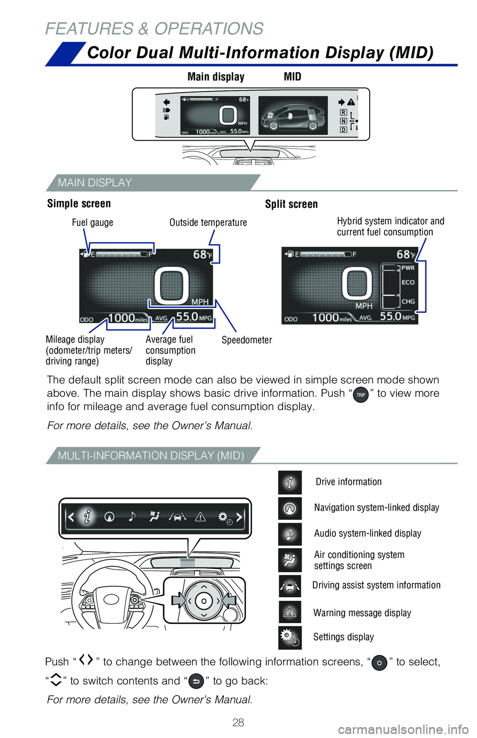 TOYOTA PRIUS PRIME 2019 (in English) Owners Manual 28
MAIN DISPLAY
MULTI-INFORMATION DISPLAY (MID)
Color Dual Multi-Information Display (MID)
Push “” to change between the following information screens, “” to select,
“
” to switch conten TOYOTA PRIUS PRIME 2019 (in English) Owners Manual 28
MAIN DISPLAY
MULTI-INFORMATION DISPLAY (MID)
Color Dual Multi-Information Display (MID)
Push “” to change between the following information screens, “” to select,
“
” to switch conten