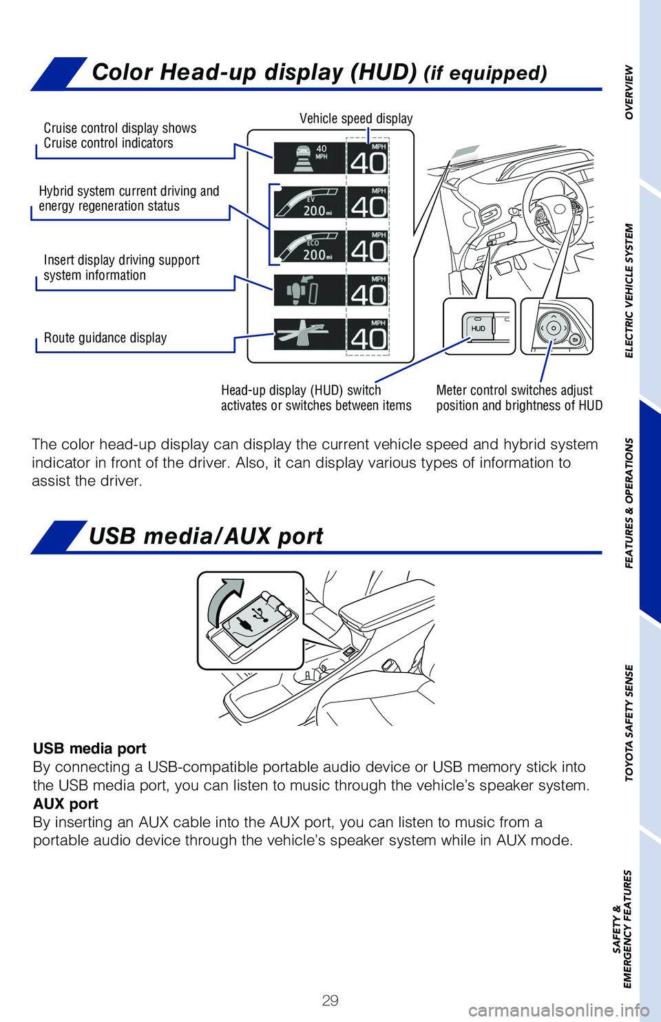 TOYOTA PRIUS PRIME 2019 (in English) Owners Guide 29
Color Head-up display (HUD) (if equipped)
The color head-up display can display the current vehicle speed and hybr\
id system
indicator in front of the driver. Also, it can display various types o TOYOTA PRIUS PRIME 2019 (in English) Owners Guide 29
Color Head-up display (HUD) (if equipped)
The color head-up display can display the current vehicle speed and hybr\
id system
indicator in front of the driver. Also, it can display various types o